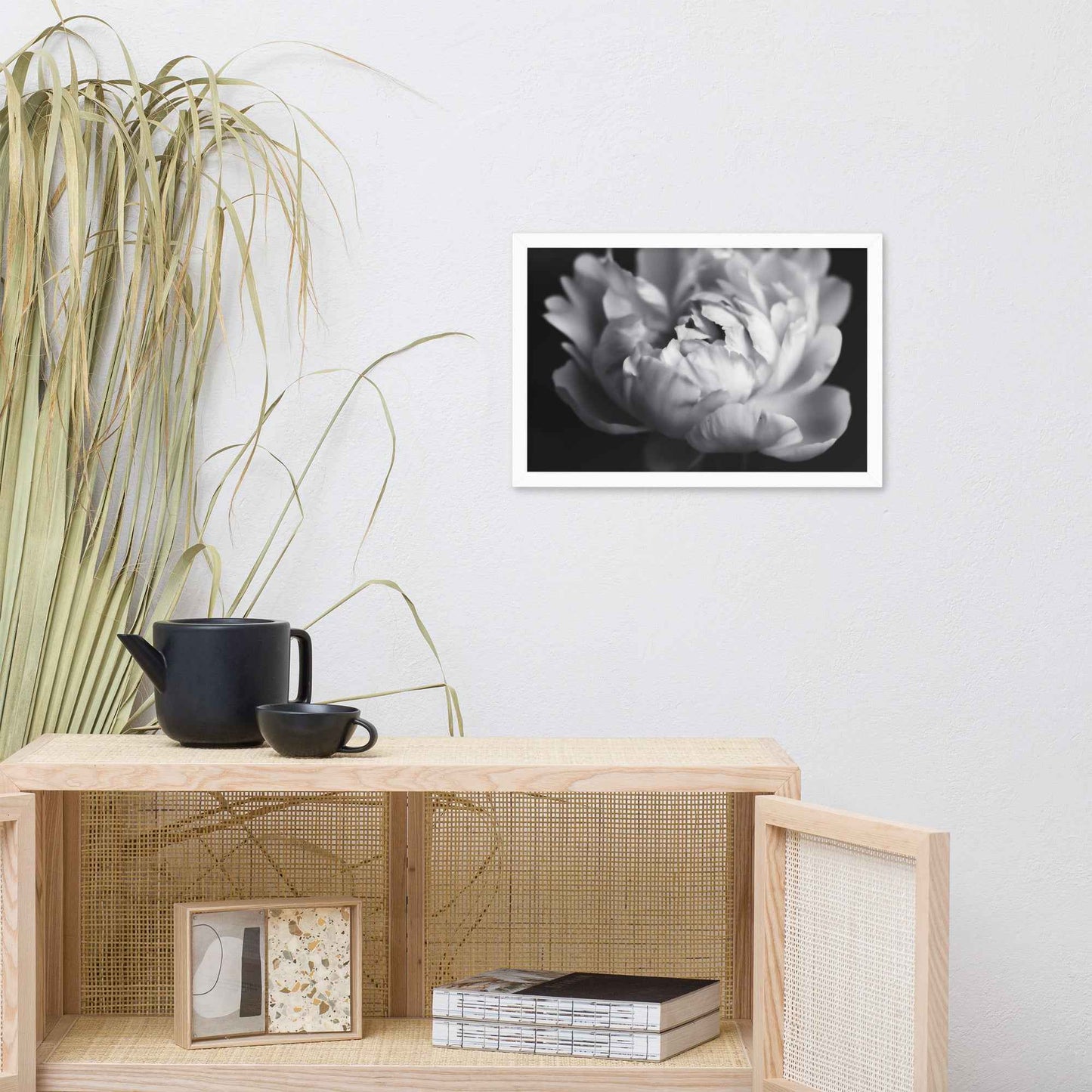 Shadow and Silk Floral Photorealistic Digital Art Peony Artwork Framed Print