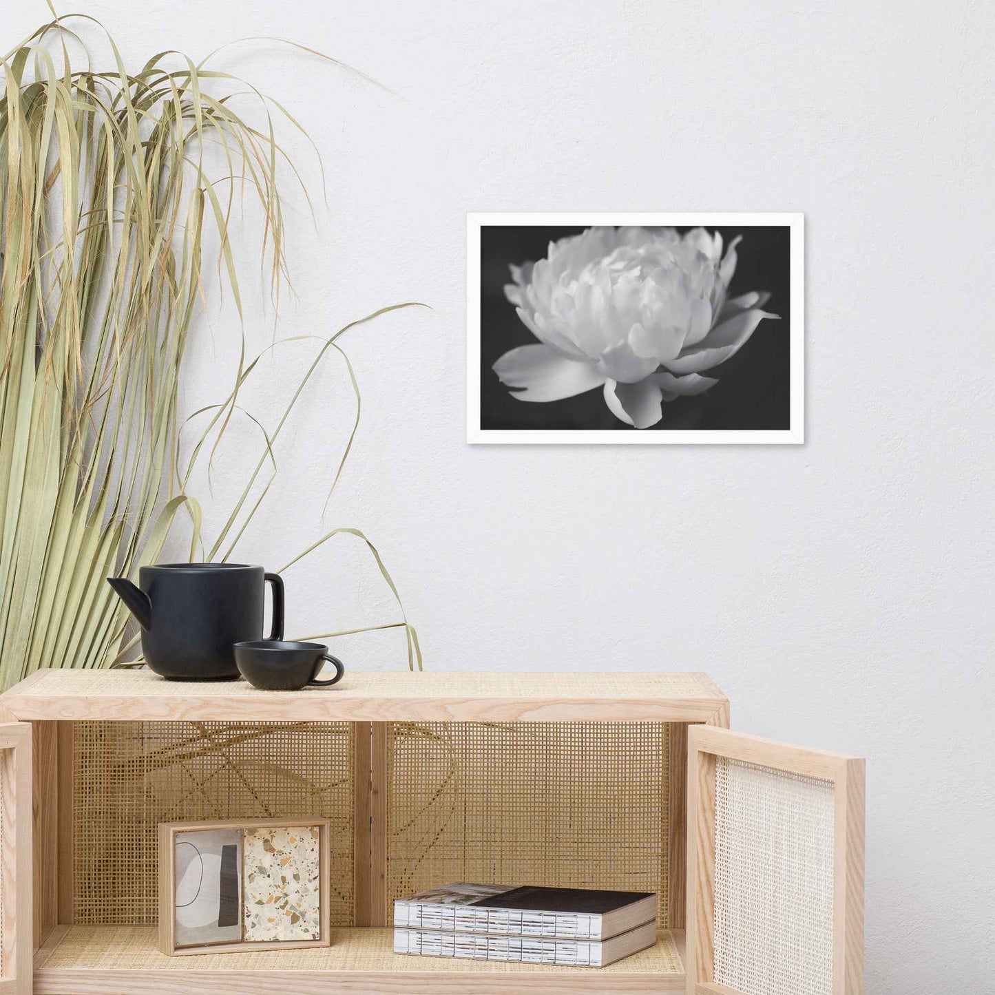 Velvet Shadows Floral Photorealistic Digital Artwork Peony Flower Prints Black and White Framed