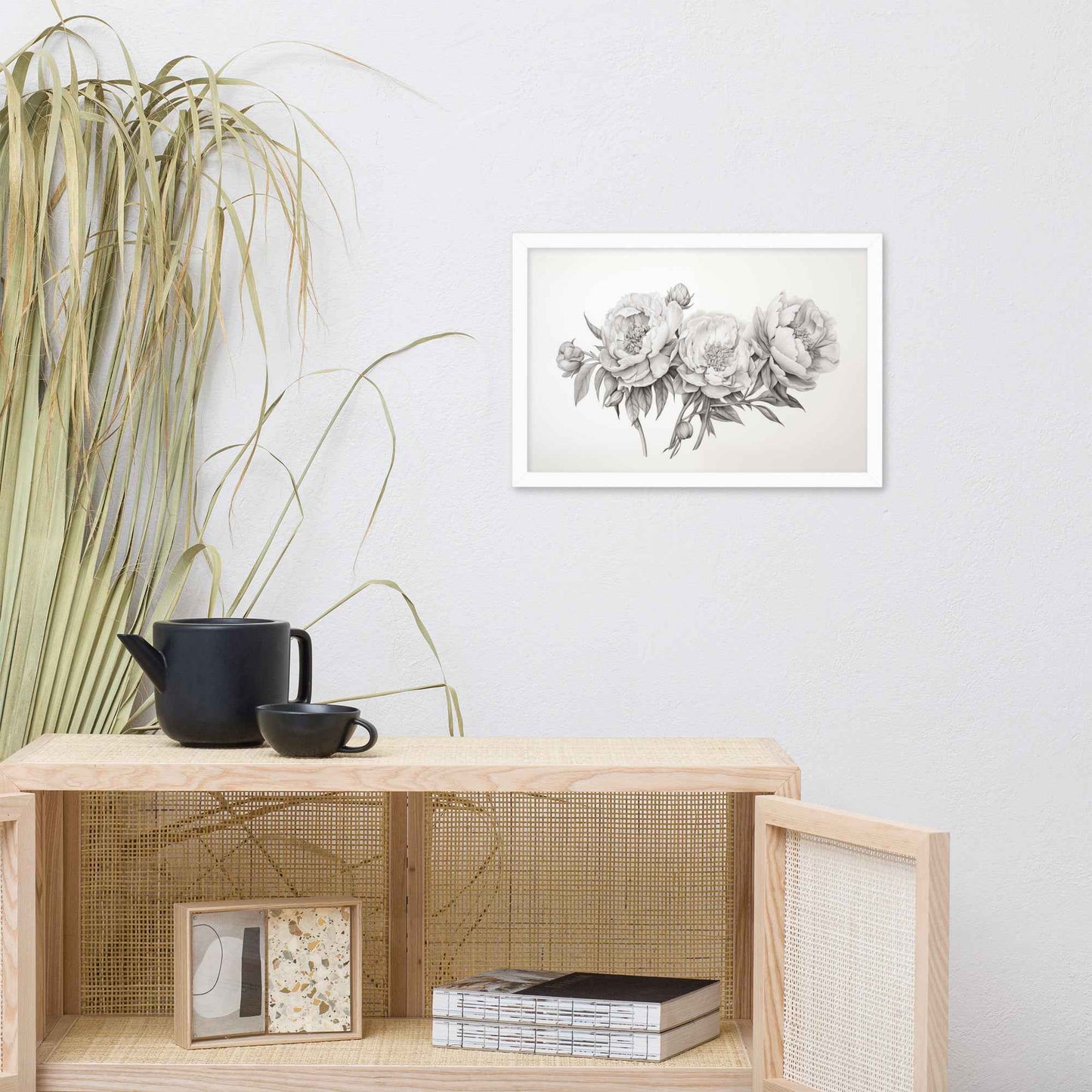 Floral Finesse Pencil Sketch Illustration - Digital Artwork Framed Wall Art Print