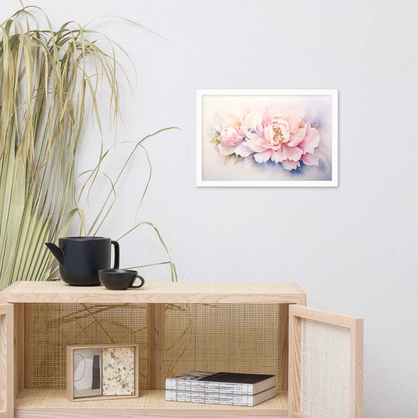 Softness in Bloom Watercolor Painting - Digital Artwork Famed Wall Art Print