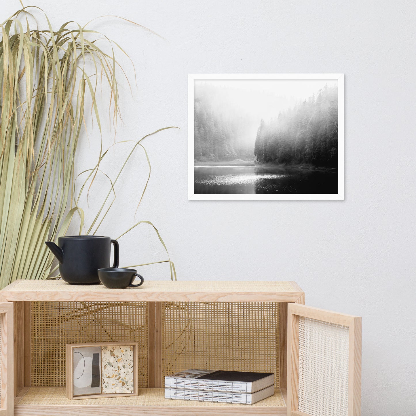 Foggy River and Pine Trees Rustic Landscape Photograph Framed Wall Art Print