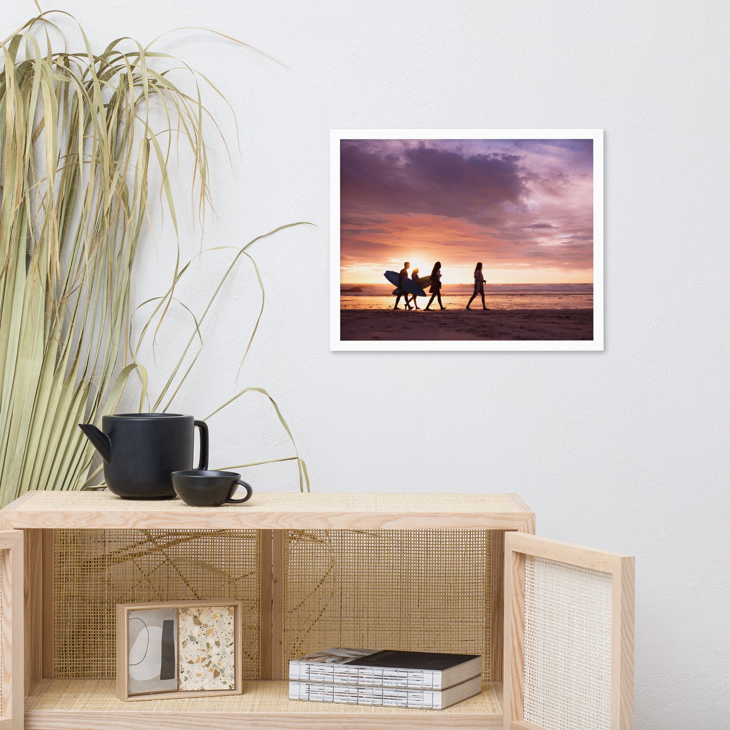 Surfers and Sunset on the Shore Coastal Landscape Lifestyle Photograph Framed Wall Art Print