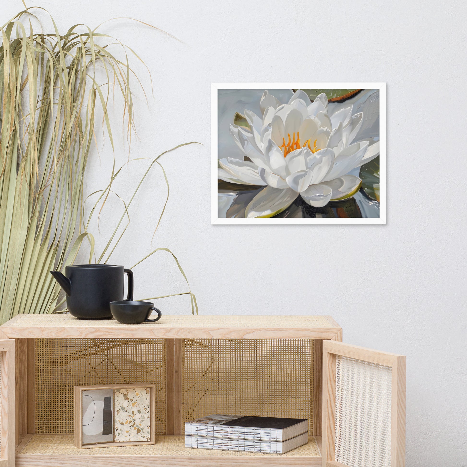 Peaceful White Waterlily Floral Botanical Digital Artwork Framed Wall Art Print