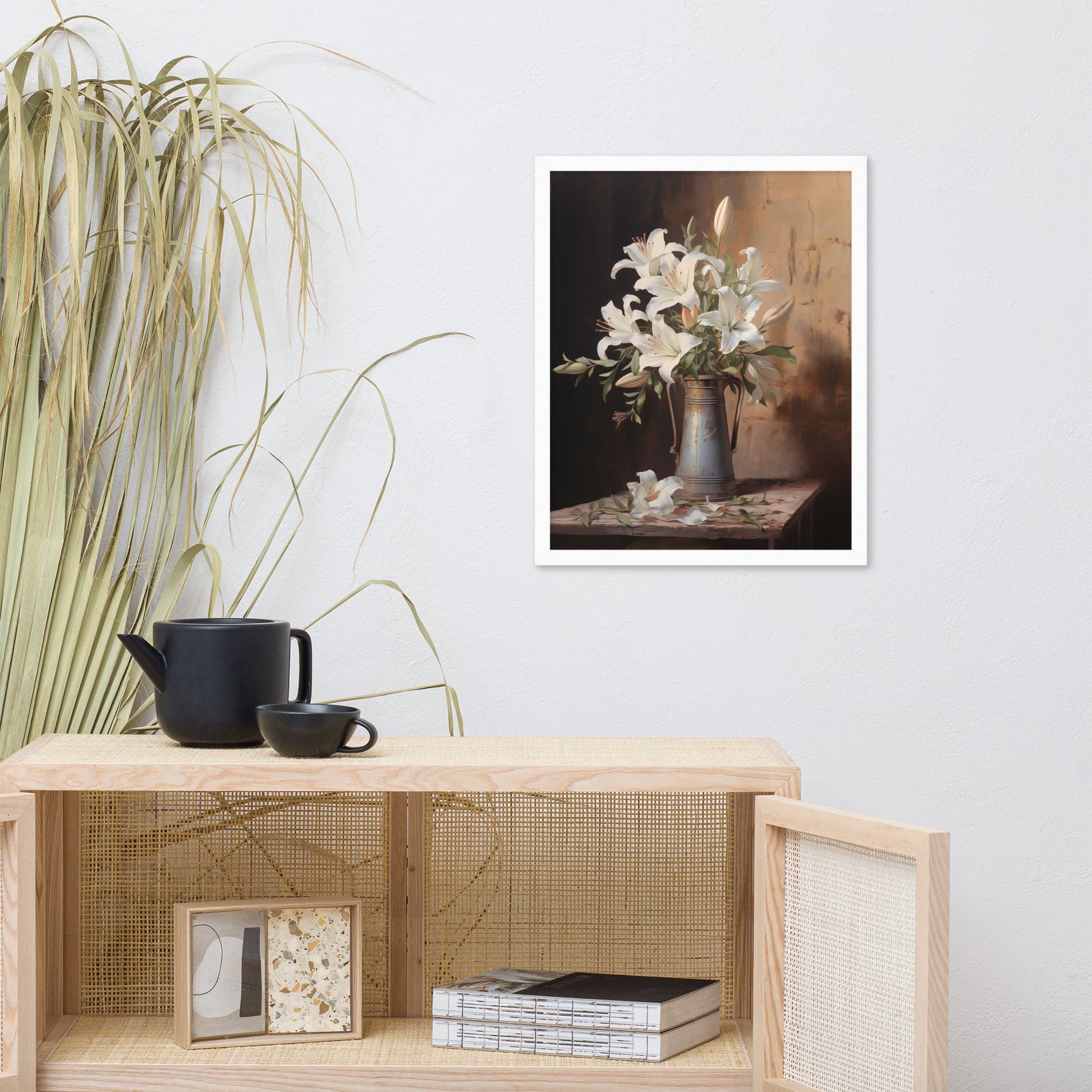 Modern Rustic Artwork: Luminous Tranquility Vase with Flowers Floral Still Life Pastel Drawing Painting Effect Digital Wall Art Print White Frame 16" x 20"