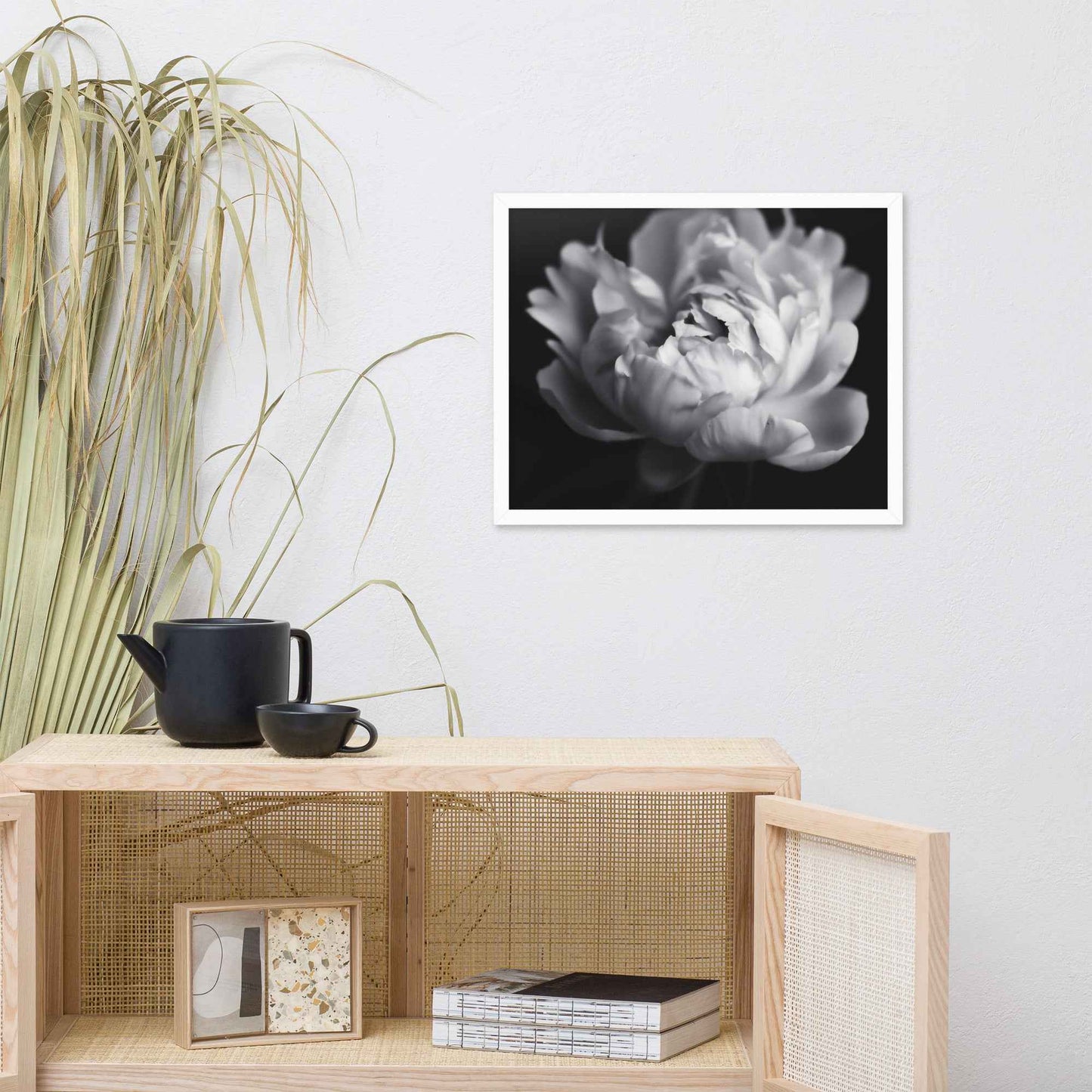 Shadow and Silk Floral Photorealistic Digital Art Peony Artwork Framed Print