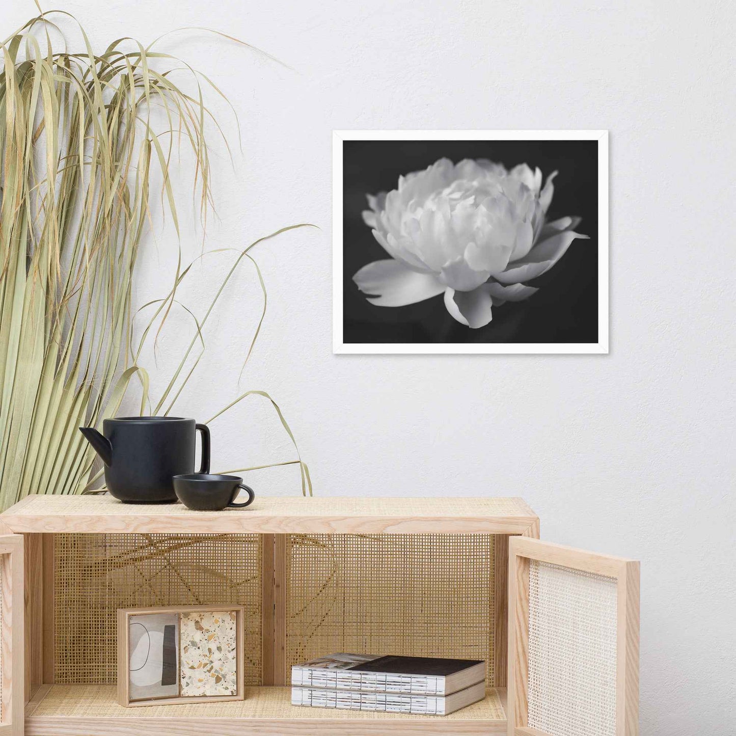 Velvet Shadows Floral Photorealistic Digital Artwork Peony Flower Prints Black and White Framed