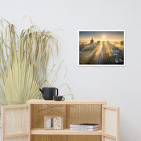 Misty Rural Town Sunrise in Autumn with Glory Rays Framed Wall Art Prints
