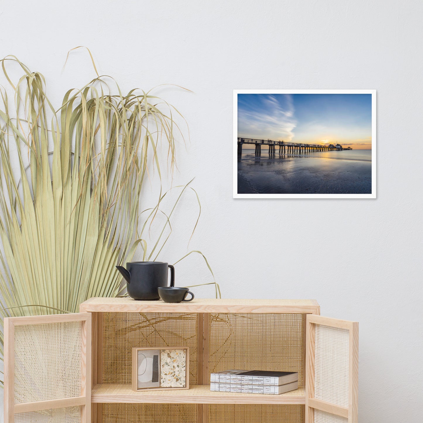 Sunset and the Naples Pier Coastal Beach Landscape Photograph Framed Wall Art Print