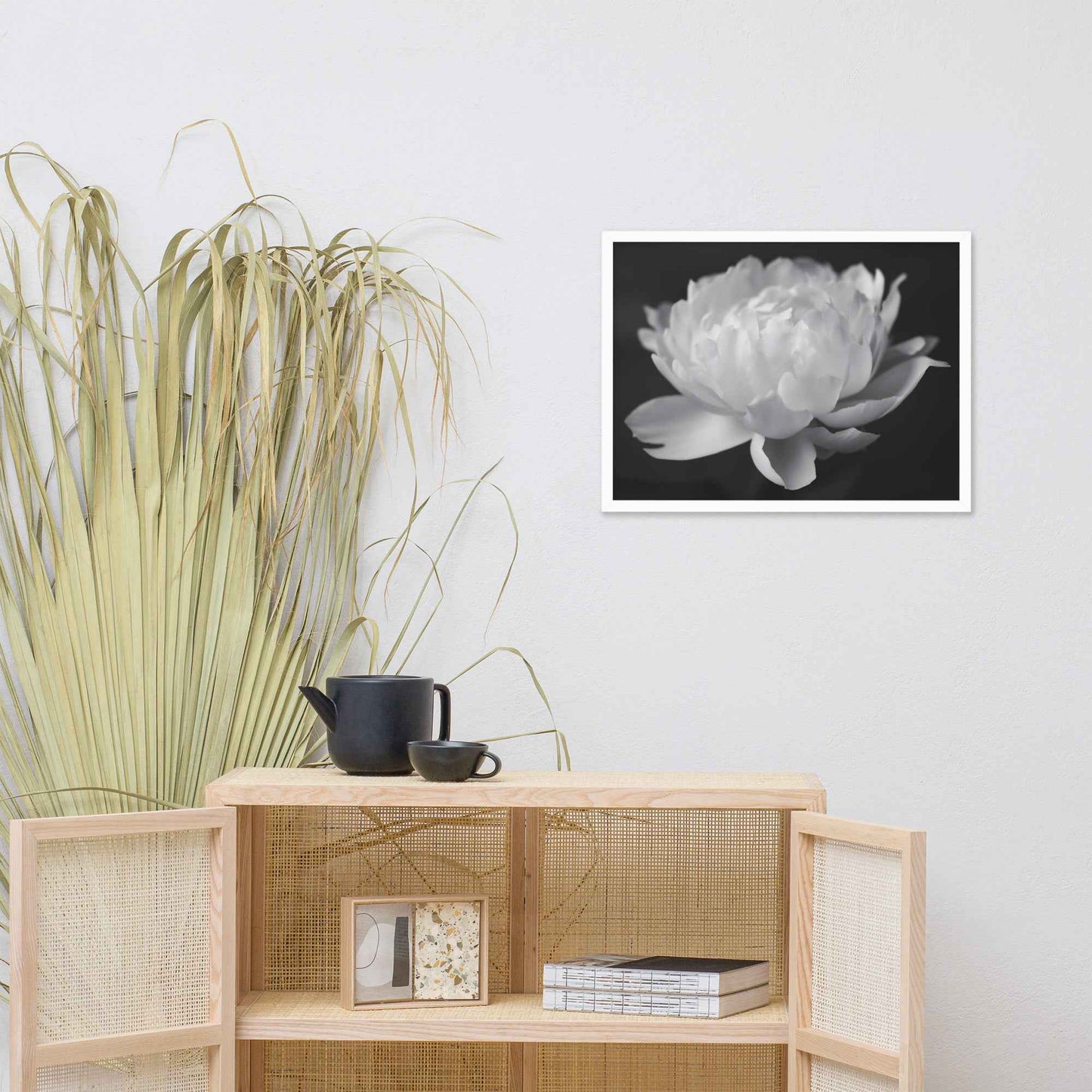 Velvet Shadows Floral Photorealistic Digital Artwork Peony Flower Prints Black and White Framed