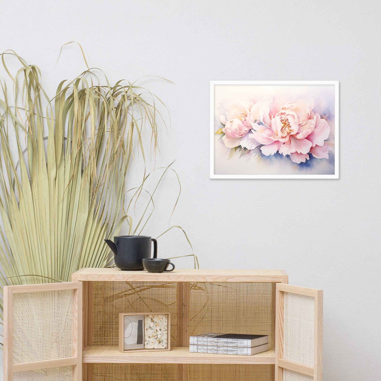 Softness in Bloom Watercolor Painting - Digital Artwork Famed Wall Art Print