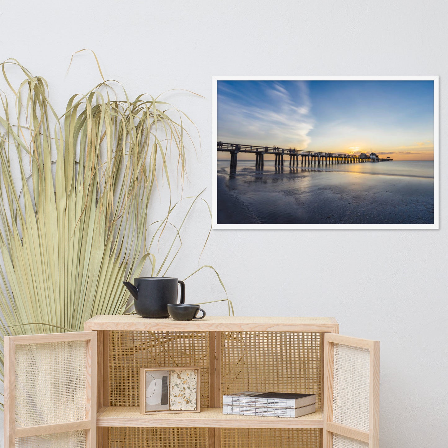 Sunset and the Naples Pier Coastal Beach Landscape Photograph Framed Wall Art Print