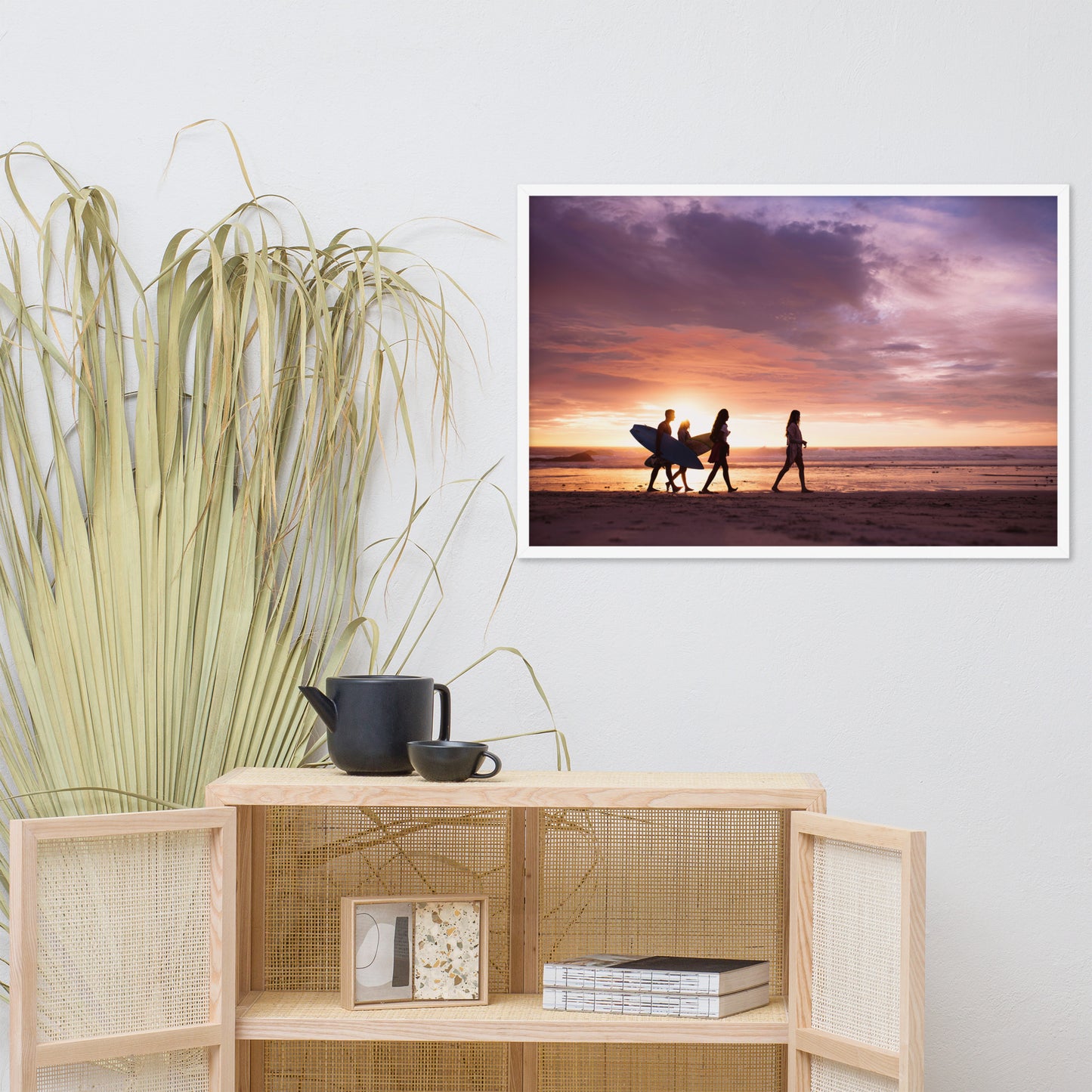 Surfers and Sunset on the Shore Coastal Landscape Lifestyle Photograph Framed Wall Art Print