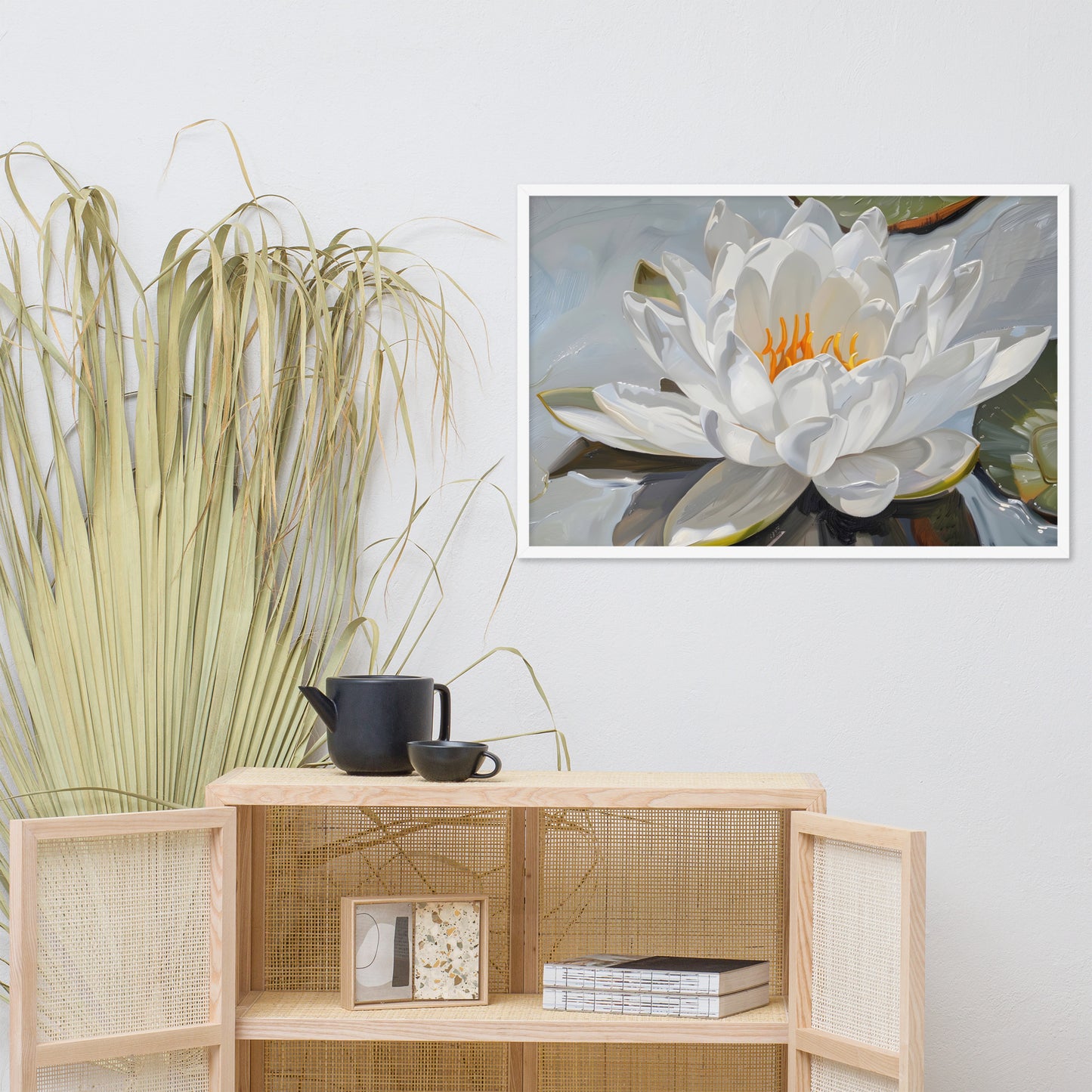 Peaceful White Waterlily Floral Botanical Digital Artwork Framed Wall Art Print