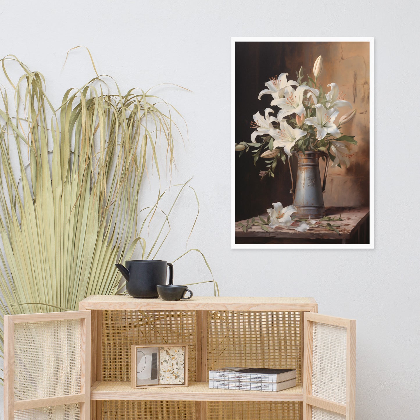 Contemporary Rustic Wall Art: Luminous Tranquility Vase with Flowers Floral Still Life Pastel Drawing Painting Effect Digital Wall Art Print White Frame 24" x 36"