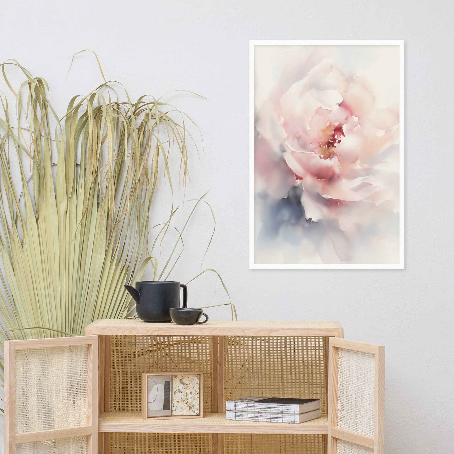 Graceful Stillness Floral Digital Watercolor Artwork Pink Peony Print Framed Wall Art