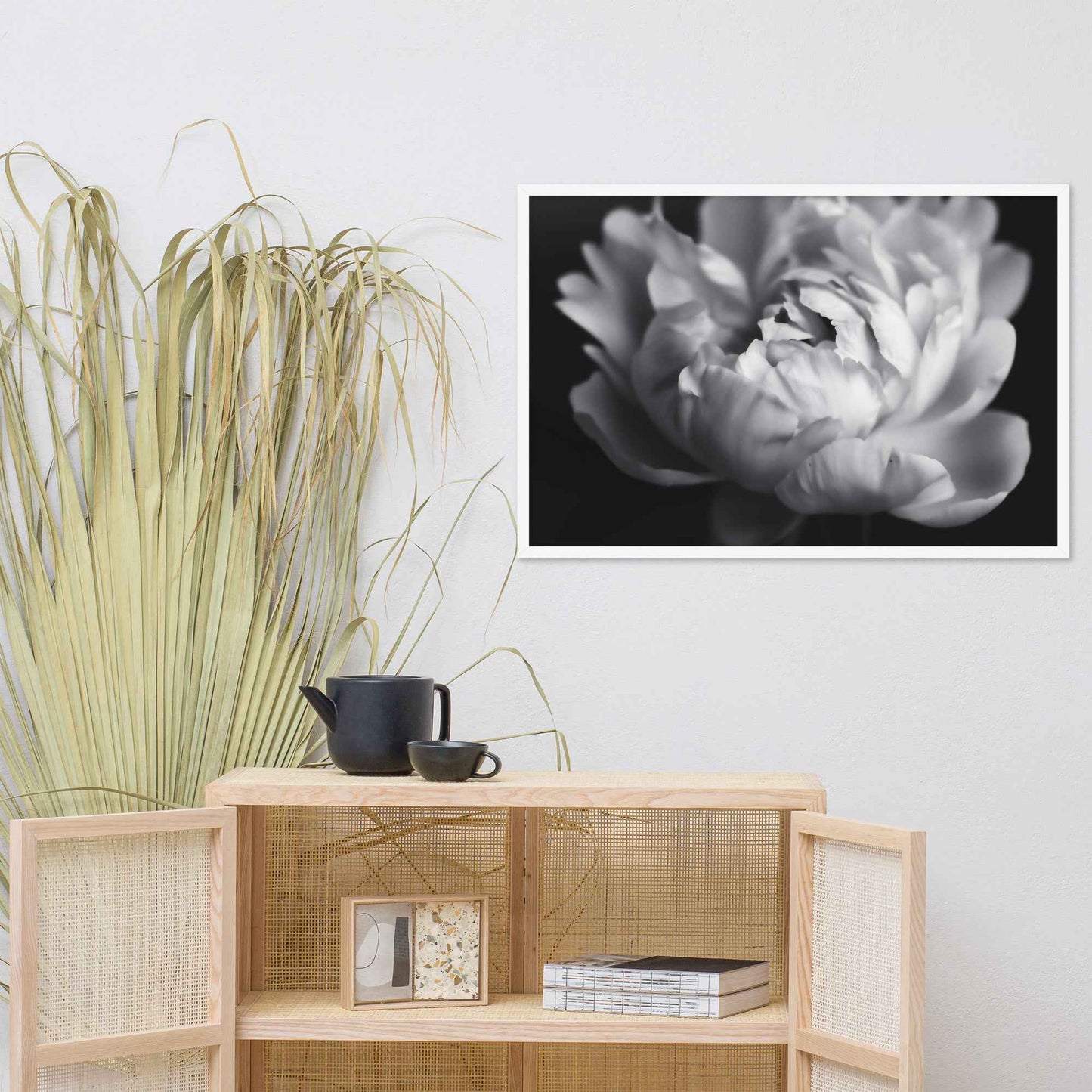 Shadow and Silk Floral Photorealistic Digital Art Peony Artwork Framed Print