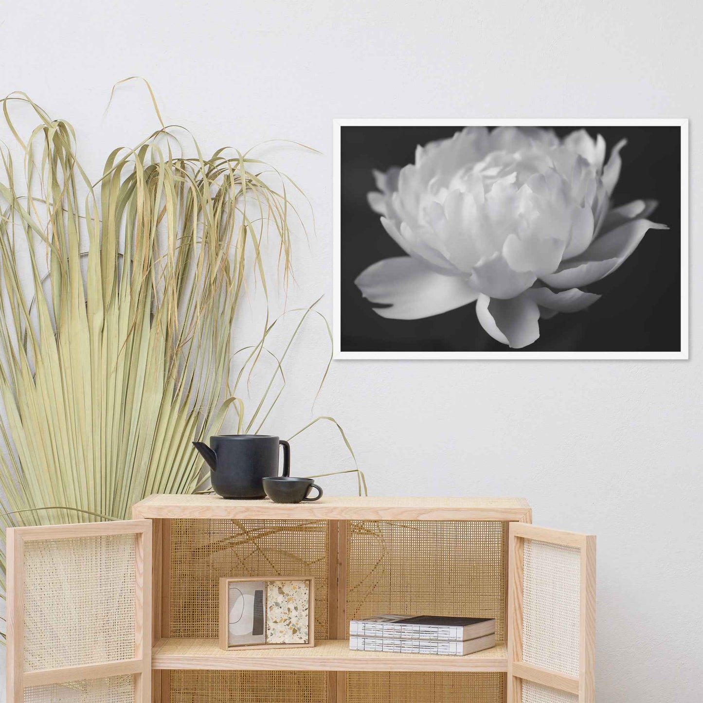 Velvet Shadows Floral Photorealistic Digital Artwork Peony Flower Prints Black and White Framed