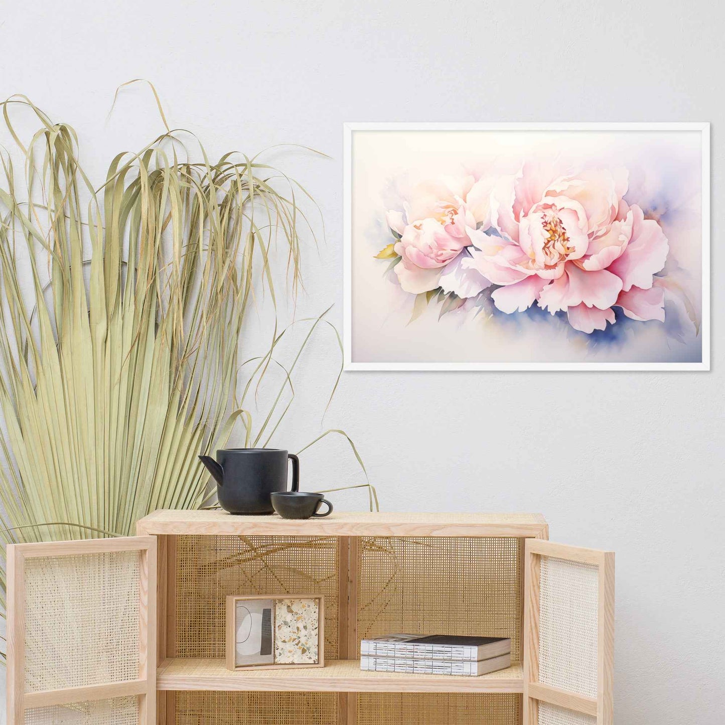 Softness in Bloom Watercolor Painting - Digital Artwork Famed Wall Art Print