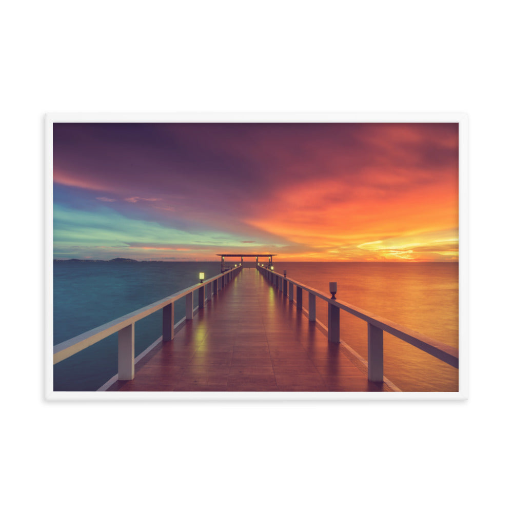 Framed Coastal Print: Surreal Wooden Pier At Sunset with Intrigued Effect - Coastal / Seascape / Nature / Landscape Photo Framed Artwork - Wall Decor