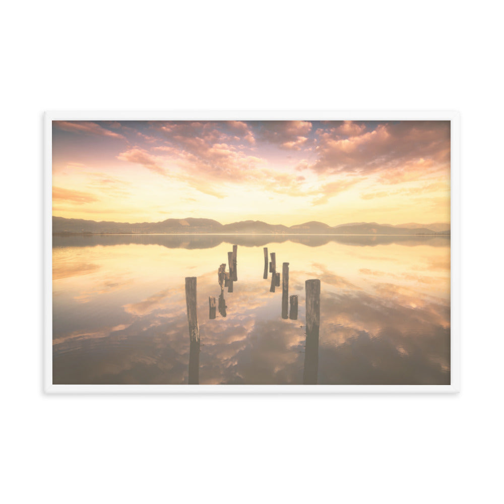 Sunset Pillars and Reflections on Lake Framed Wall Art Print