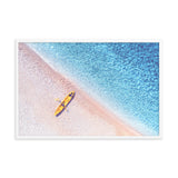 Yellow Canoe and Blue Sea with Violet Glow Effect Framed Wall Art Prints