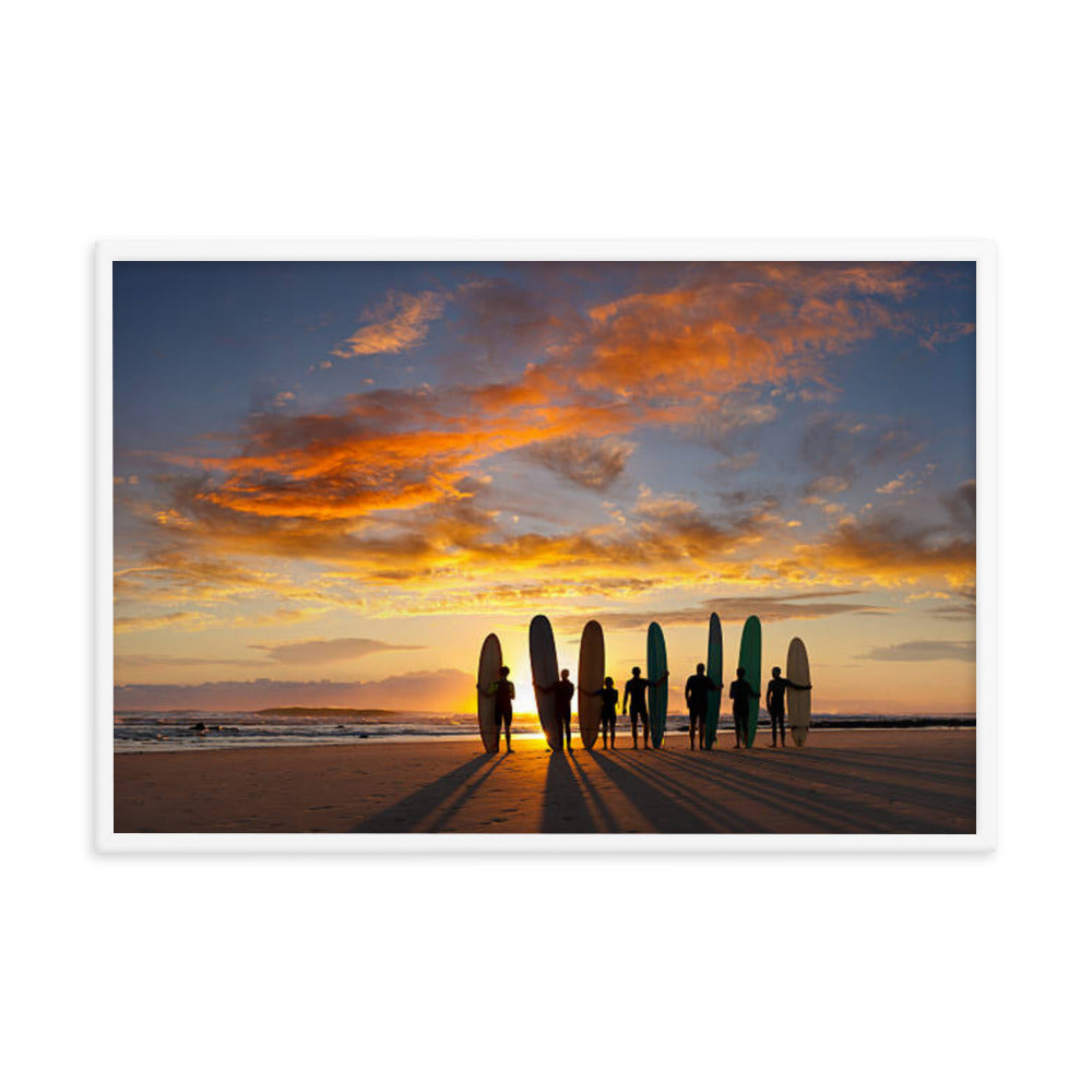 Silhouettes of Stoke: A Malibu Sunrise Coastal Lifestyle Abstract Nature Photograph Framed Wall Art Print