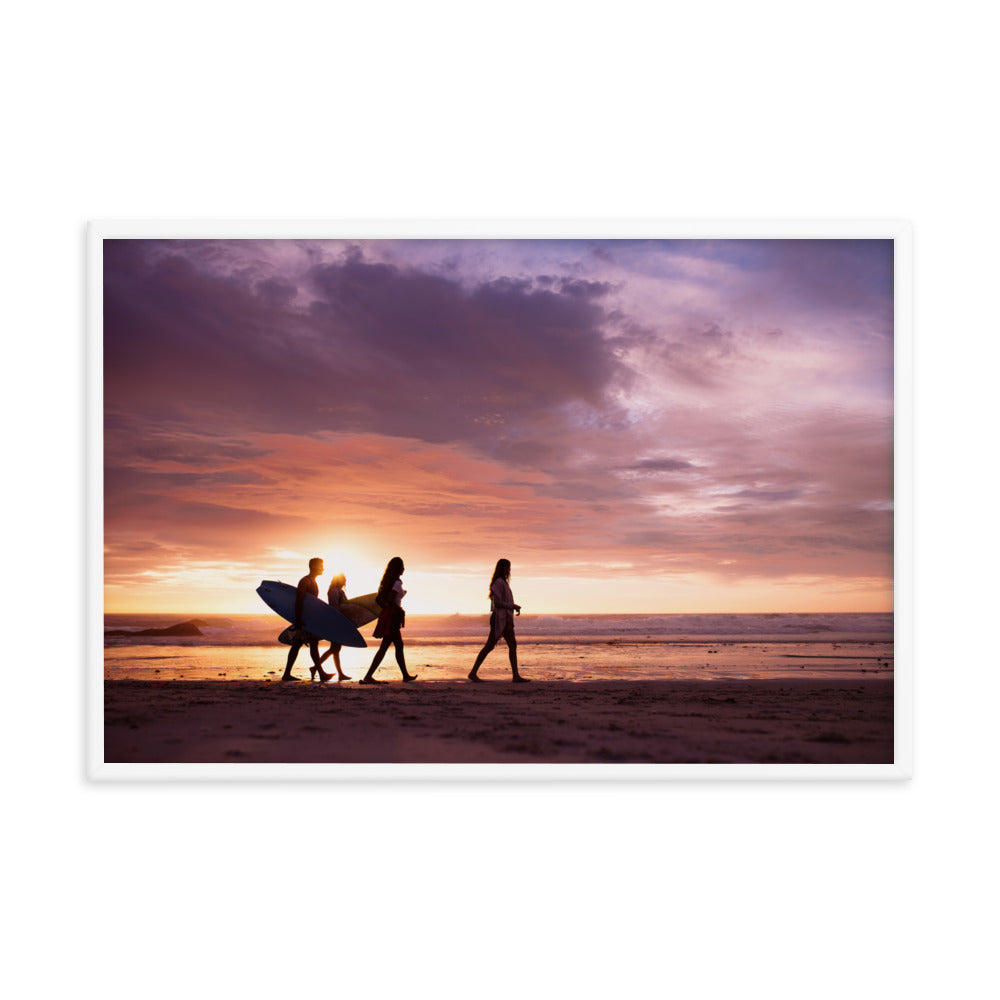 Surfers and Sunset on the Shore Coastal Landscape Lifestyle Photograph Framed Wall Art Print