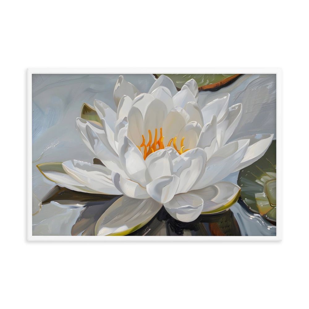 Peaceful White Waterlily Floral Botanical Digital Artwork Framed Wall Art Print