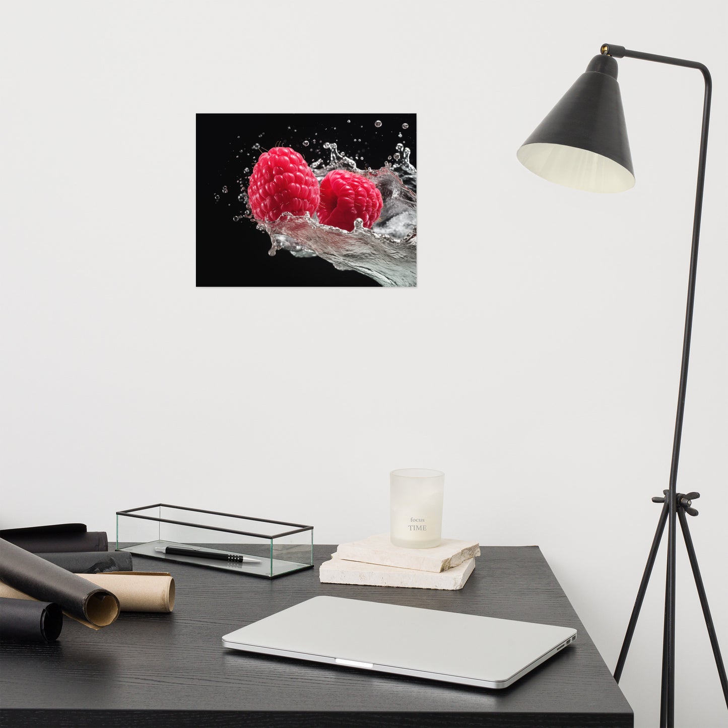 Burst of Freshness Raspberries in Water Photorealism Painting - Digital Artwork Loose Art Print