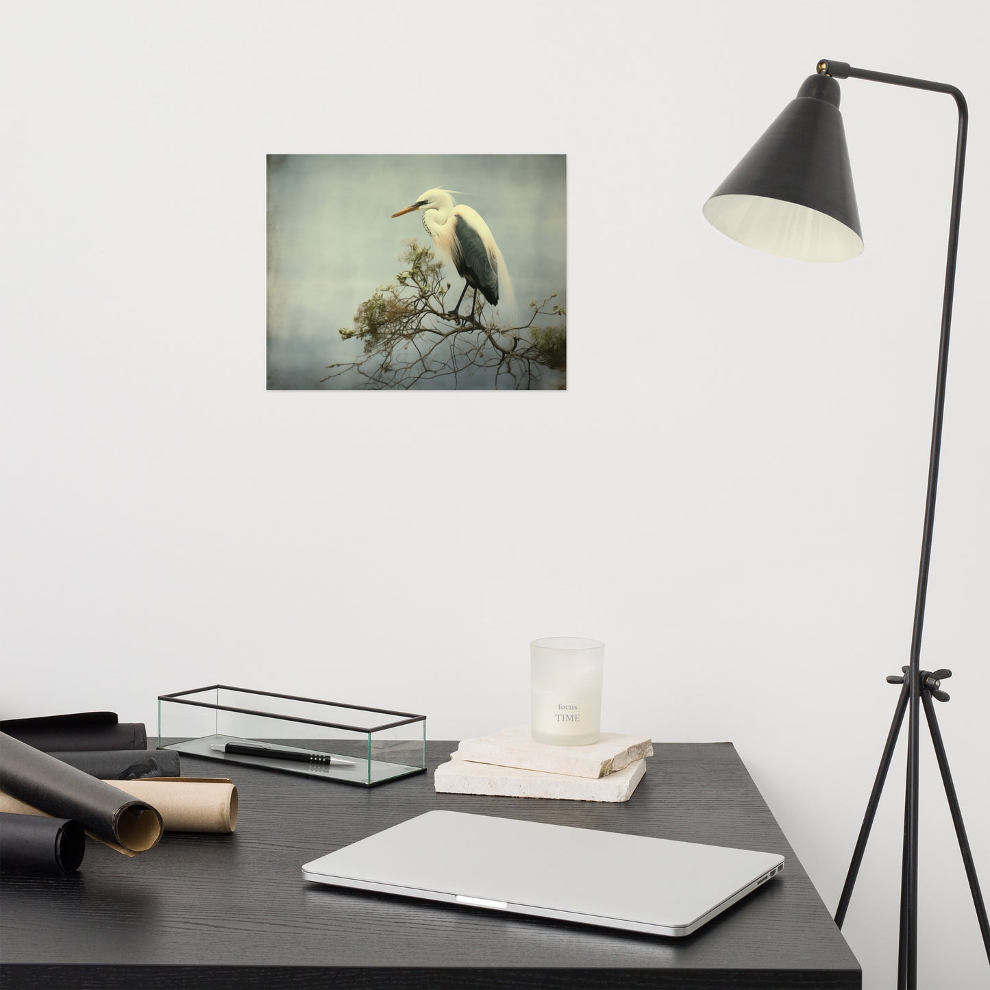 Heron Print: Coastal Solitude Egret Retro Subdued Photorealism - Digital Artwork Loose Art