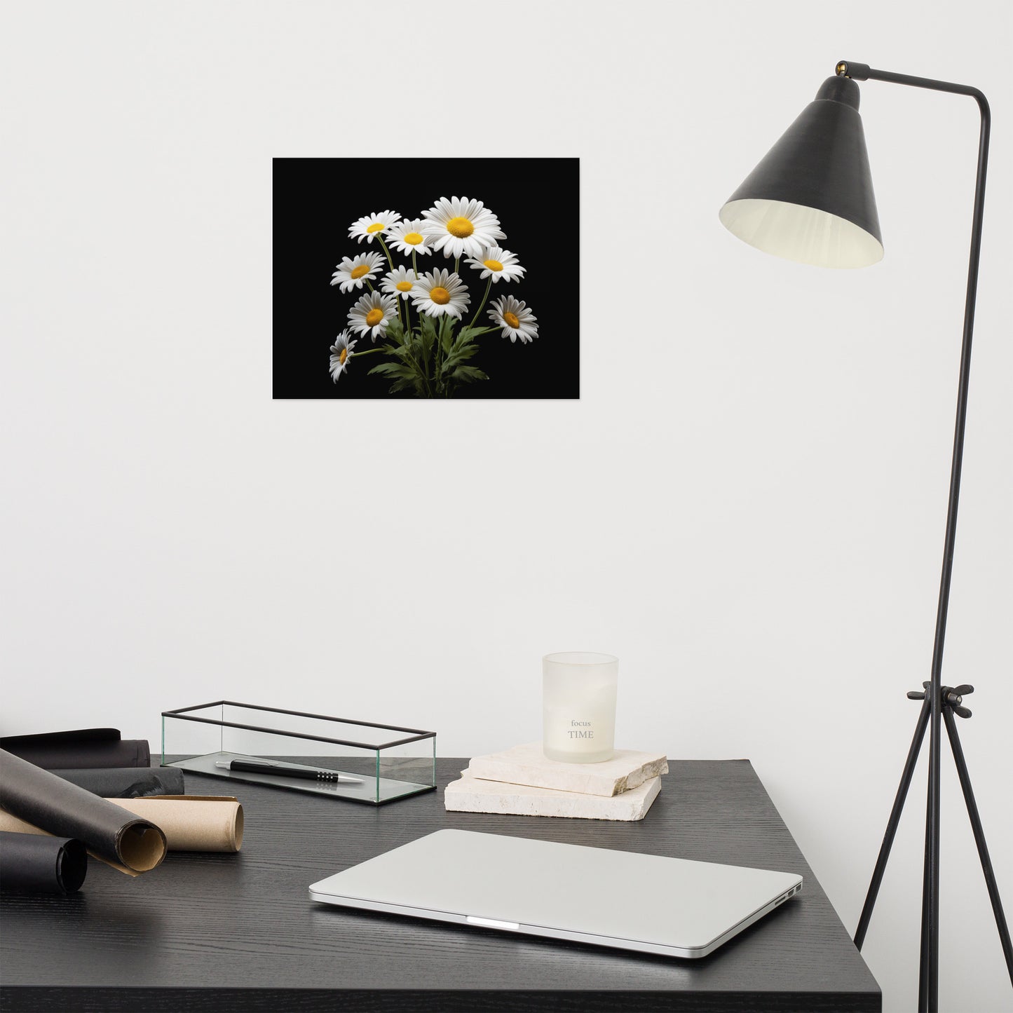 Flower Poster Painting: Daisies on Black Photorealism - Digital Artwork Loose Art Print