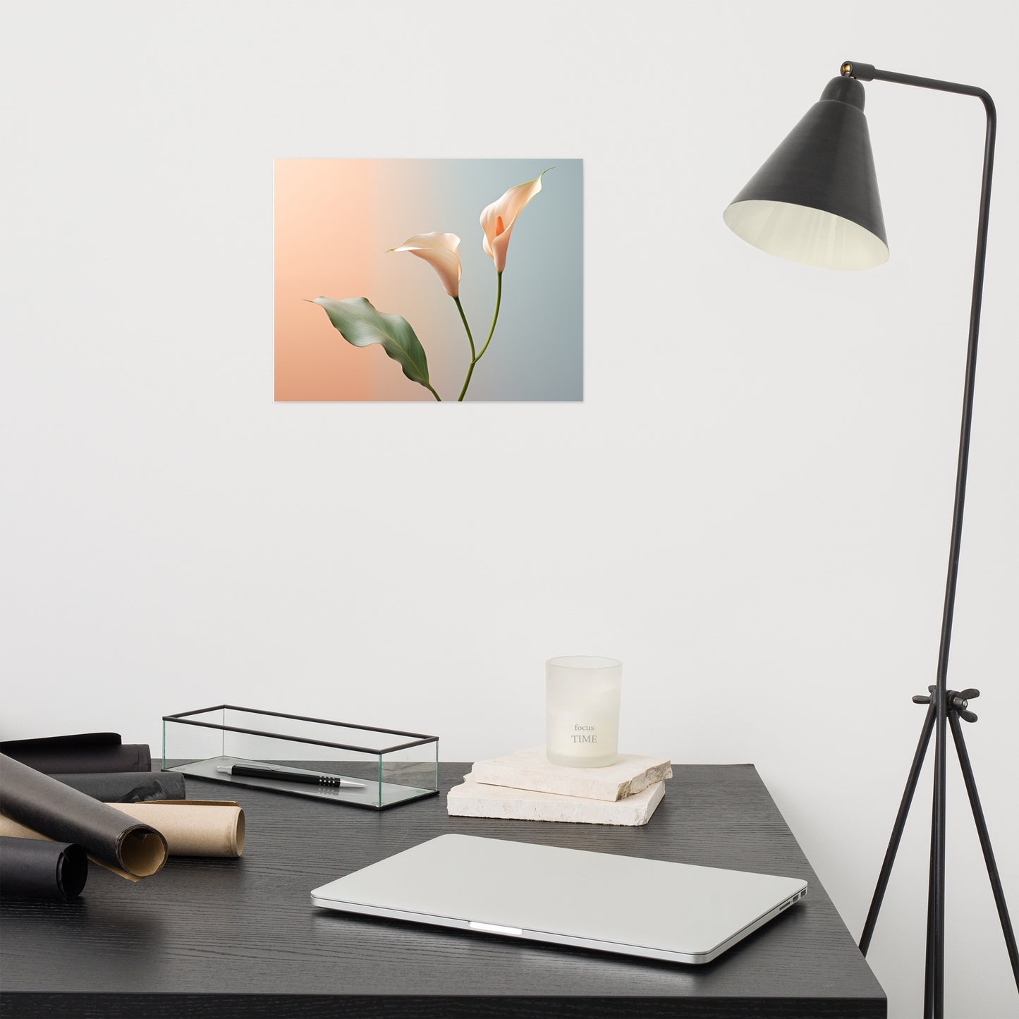 Coral Floral Wall Art: Elegant Embrace Calla Lily Minimal Photorealism - Digital Artwork Loose Art Print