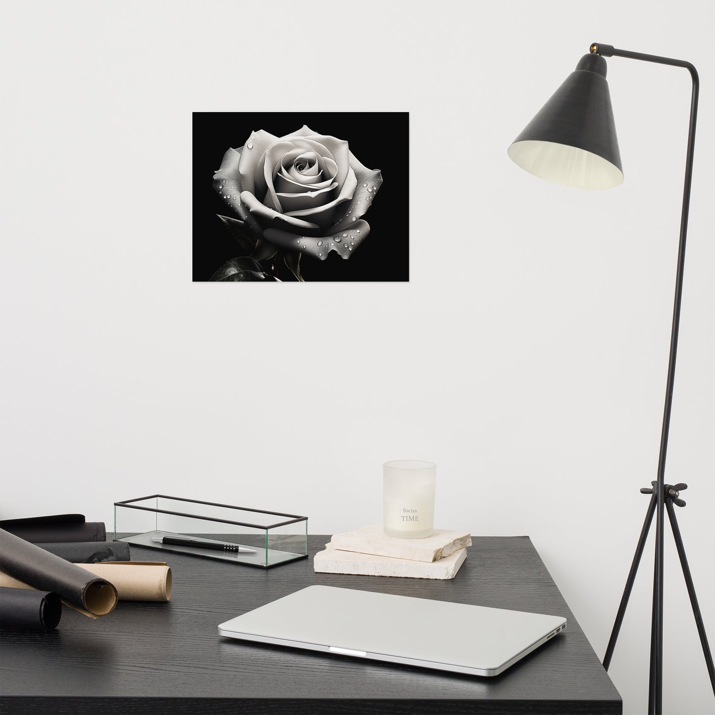 Silver Tears Black and White Rose Photorealism - Digital Artwork Loose Art Print