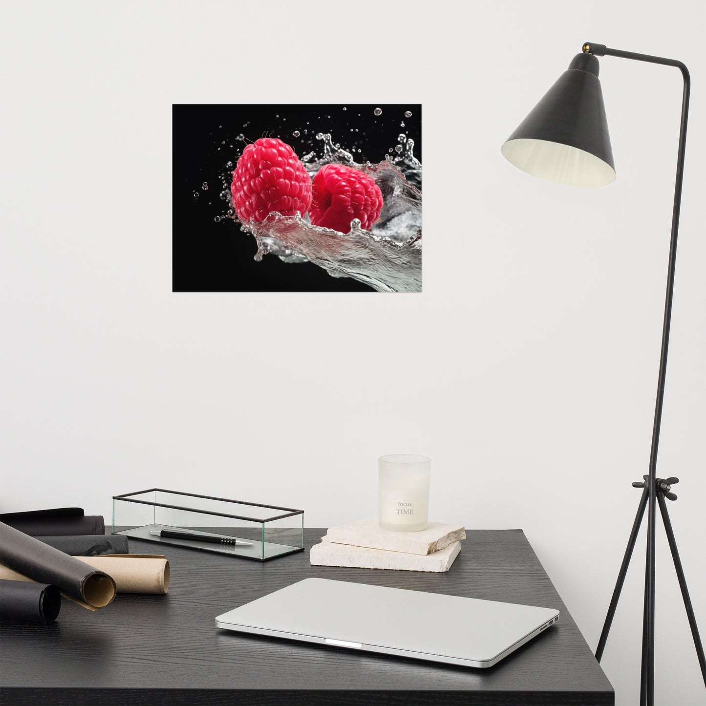 Burst of Freshness Raspberries in Water Photorealism Painting - Digital Artwork Loose Art Print