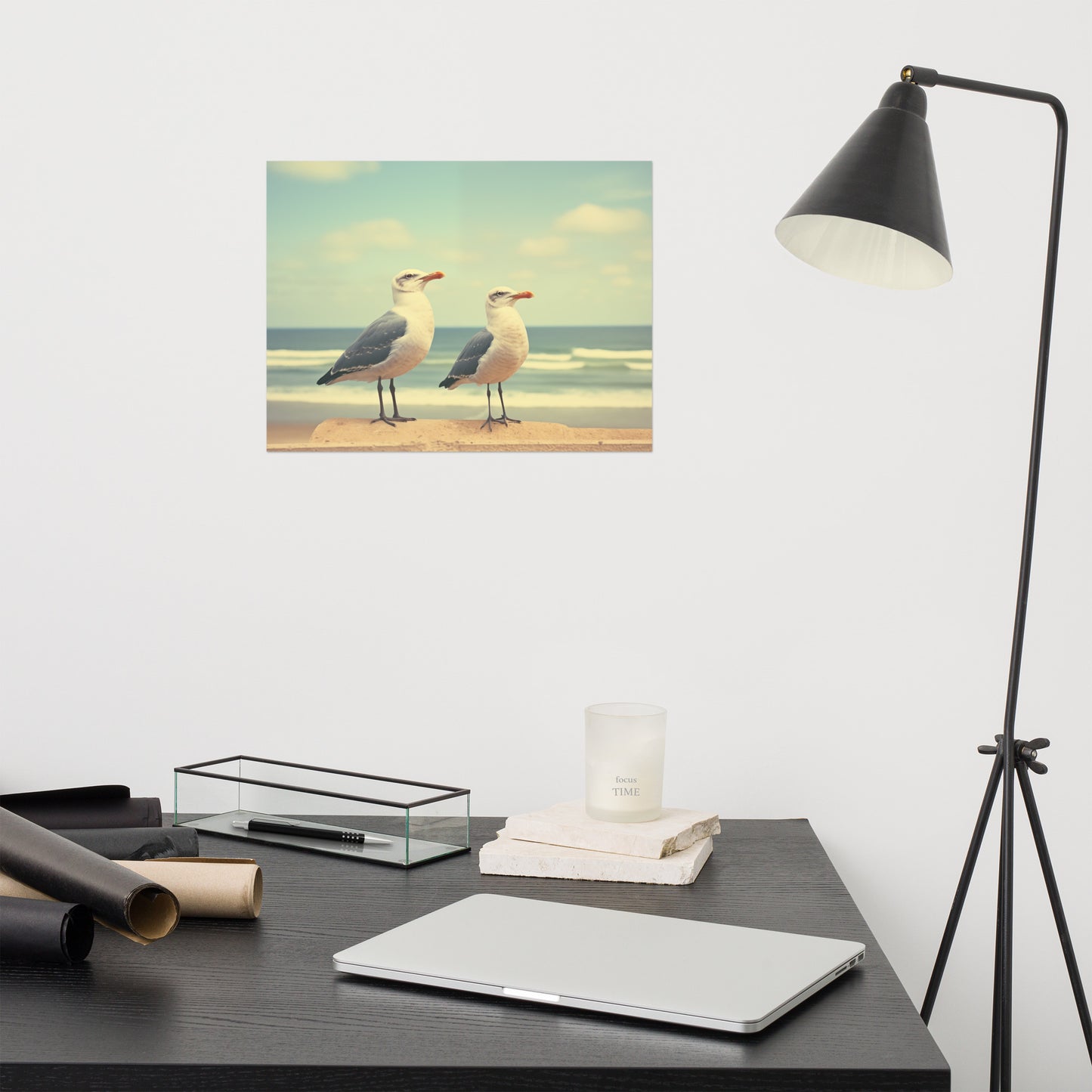 Bird Artwork Prints: Coastal Companions Vintage Retro Subdued Seagulls Photorealism - Digital Artwork Loose Art Print