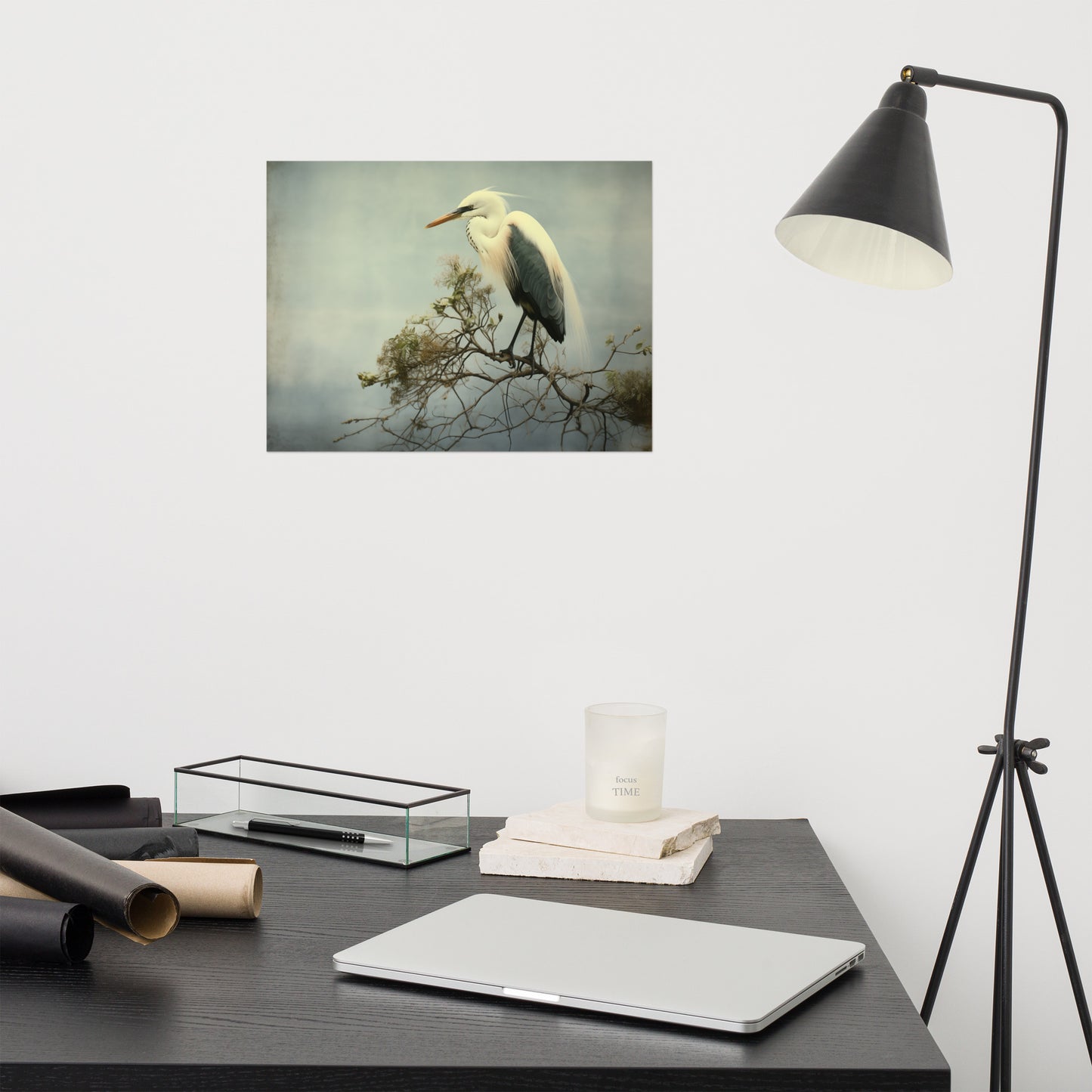 Heron Print: Coastal Solitude Egret Retro Subdued Photorealism - Digital Artwork Loose Art