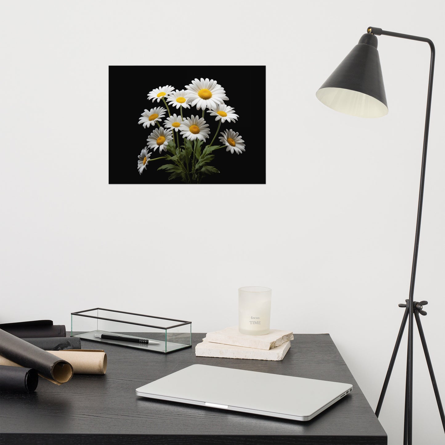 Flower Poster Painting: Daisies on Black Photorealism - Digital Artwork Loose Art Print