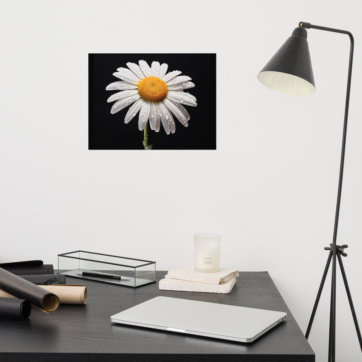 White Flower Black Background Painting: Dew-kissed Daisy Floral Photorealism - Digital Artwork Loose Art Print