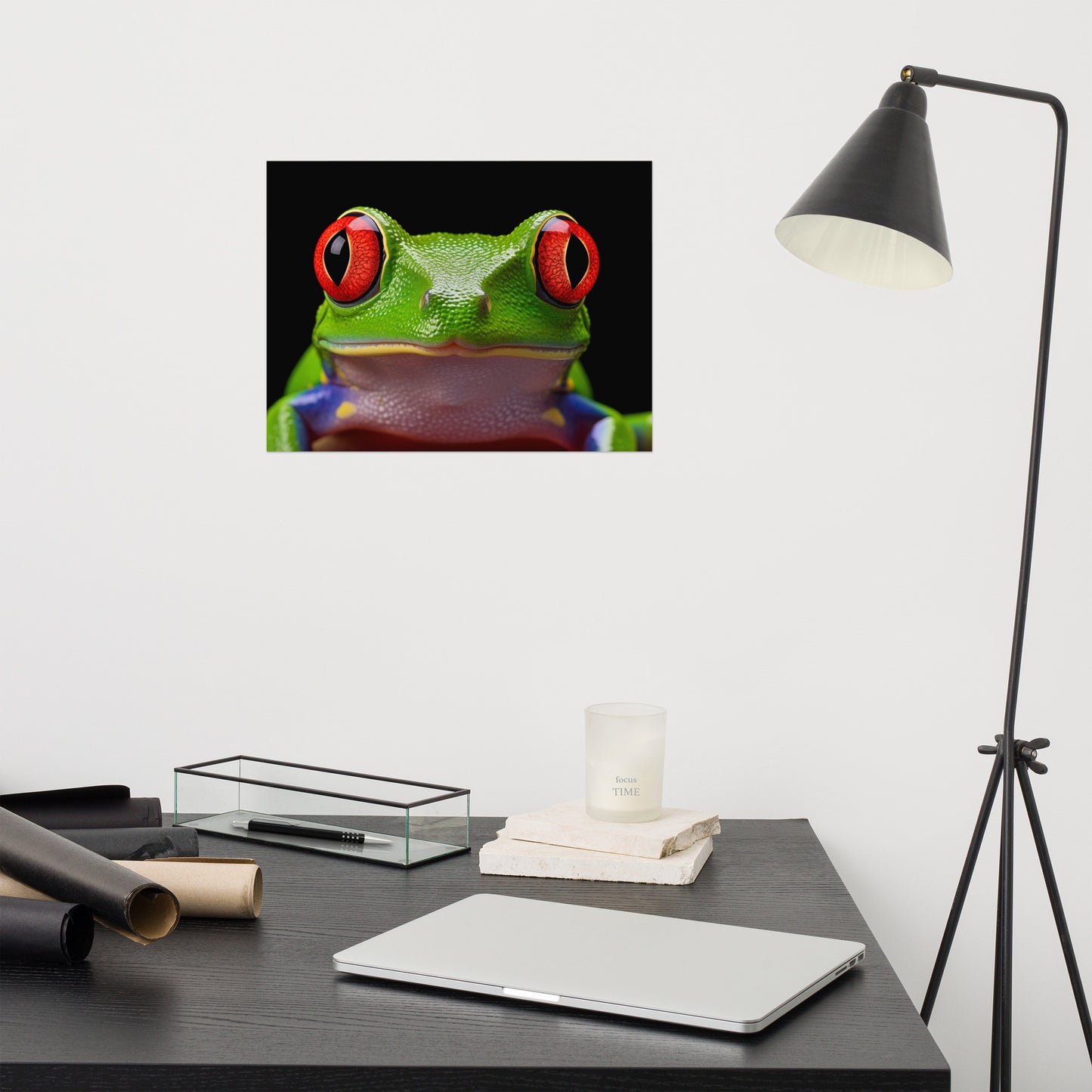 Frog and Toad Wall Art: Emerald Enchantment Red Eyed Tree Frog Close-up Photorealism - Digital Artwork Loose Art Print