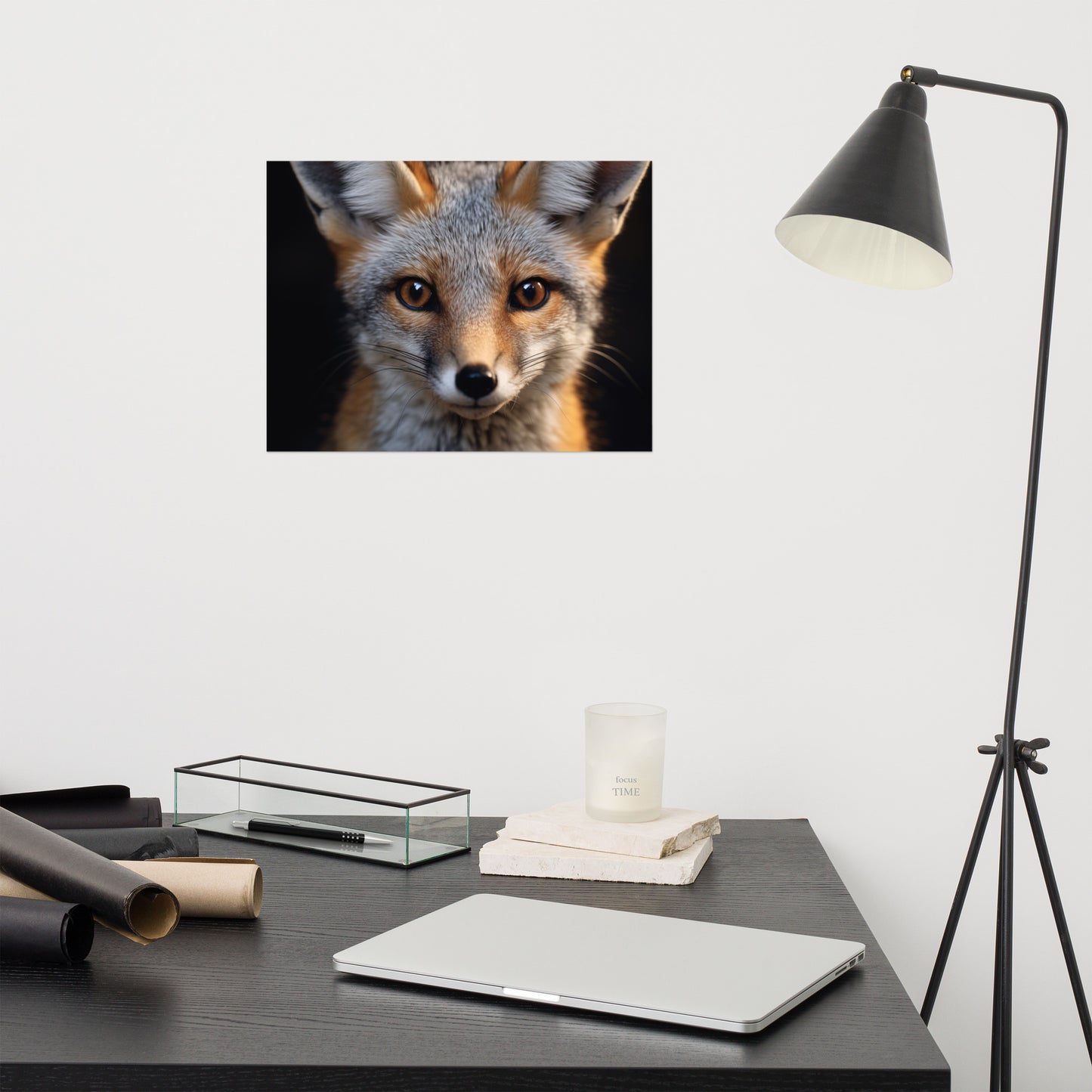 Foxfire Gaze Gray Fox Photorealism - Digital Artwork Loose Art Print