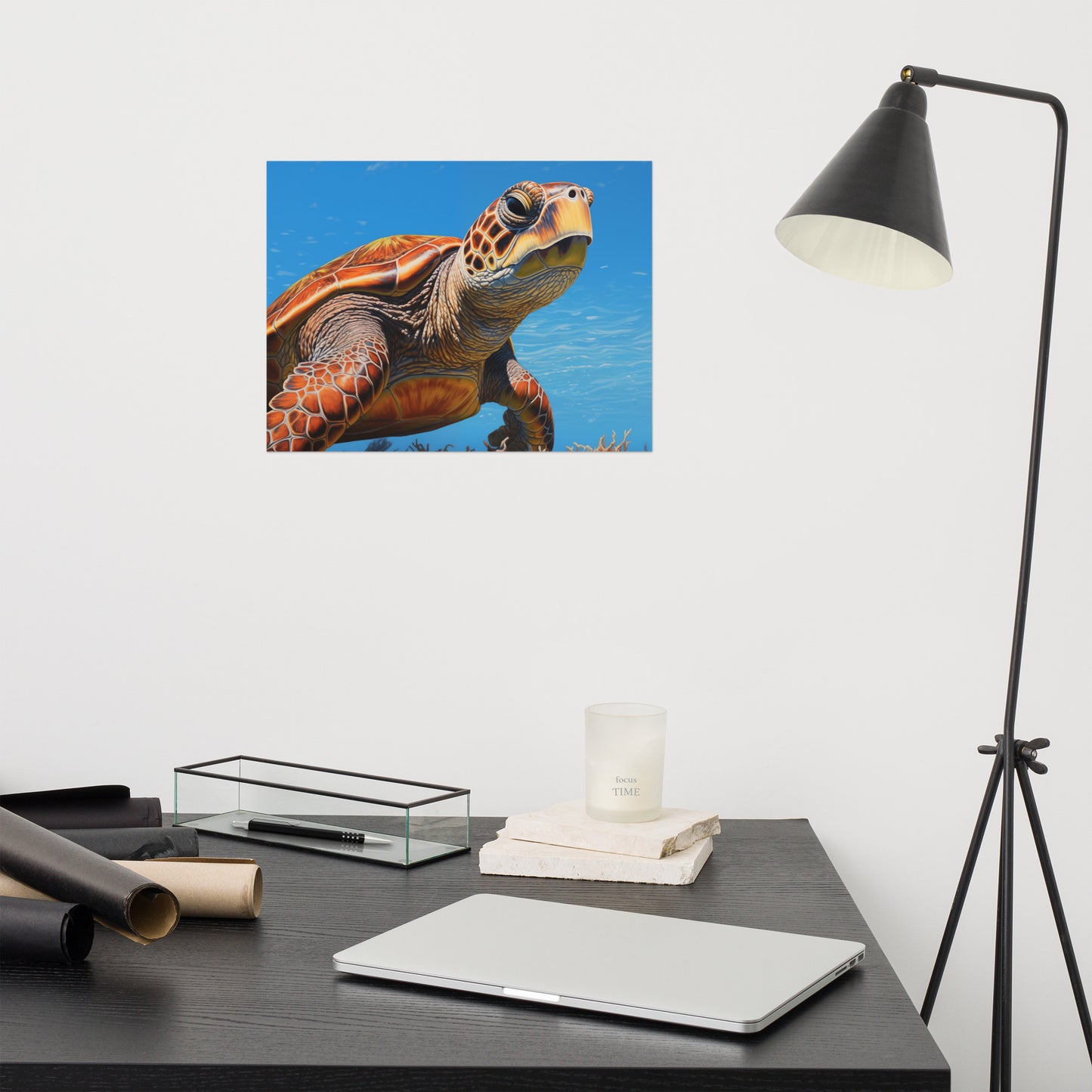 Journey Through the Blue Sea Turtle Coastal Photorealism - Digital Artwork Loose Art Print