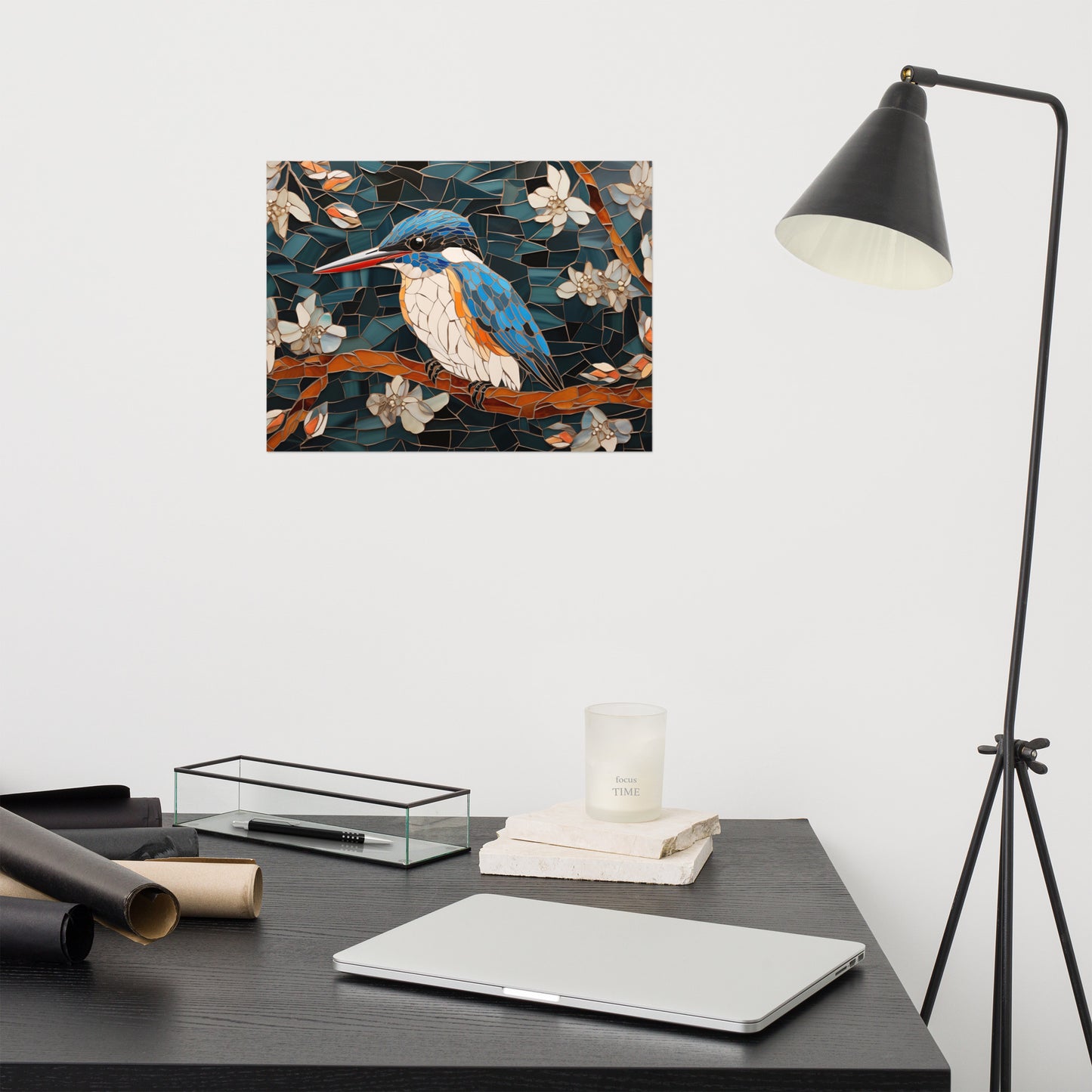 Kingfisher Among Blossoms Mosaic Illustration - Digital Artwork Loose Art Print