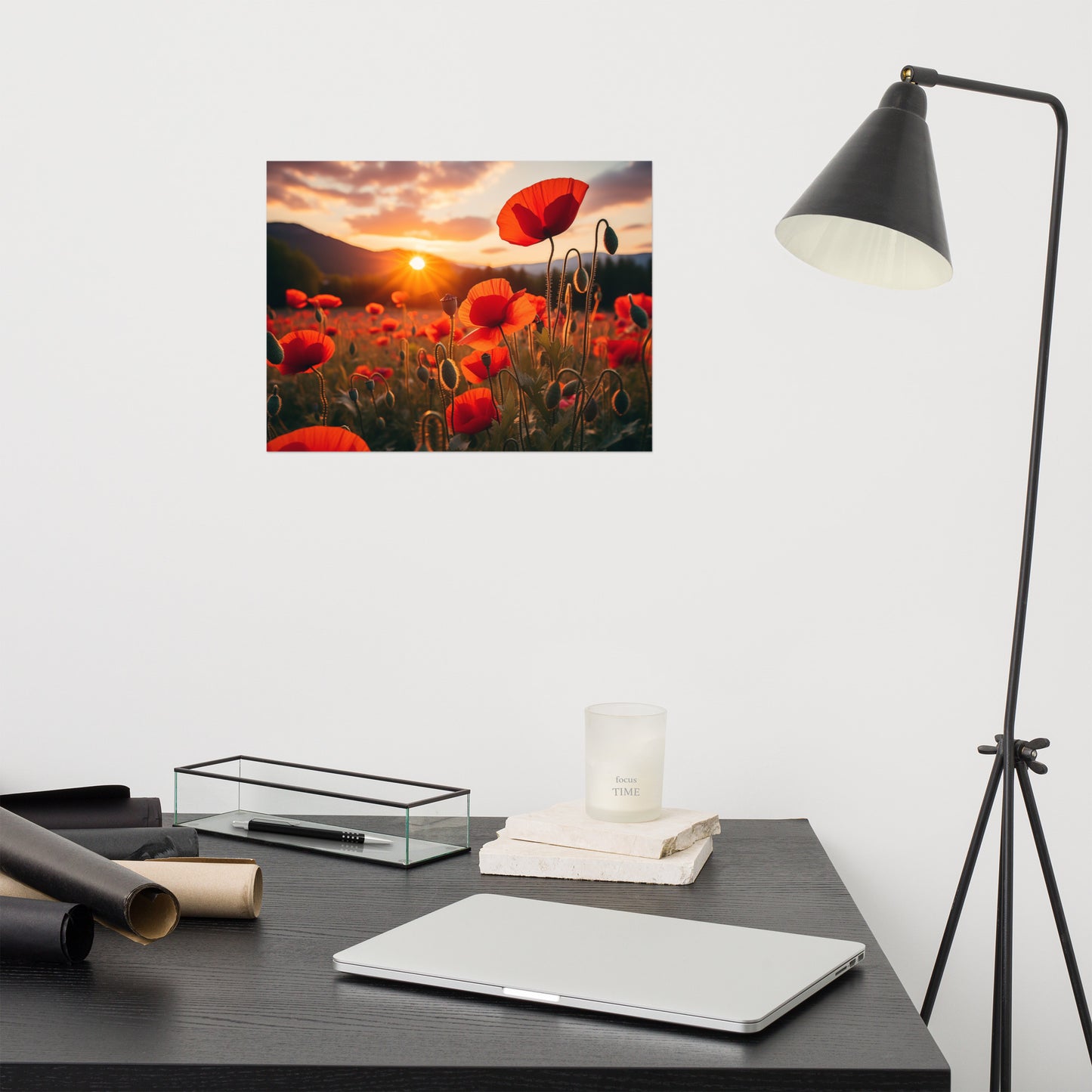 Scarlet Serenade Poppy Field Sunset Photorealism - Digital Artwork Loose Art Print