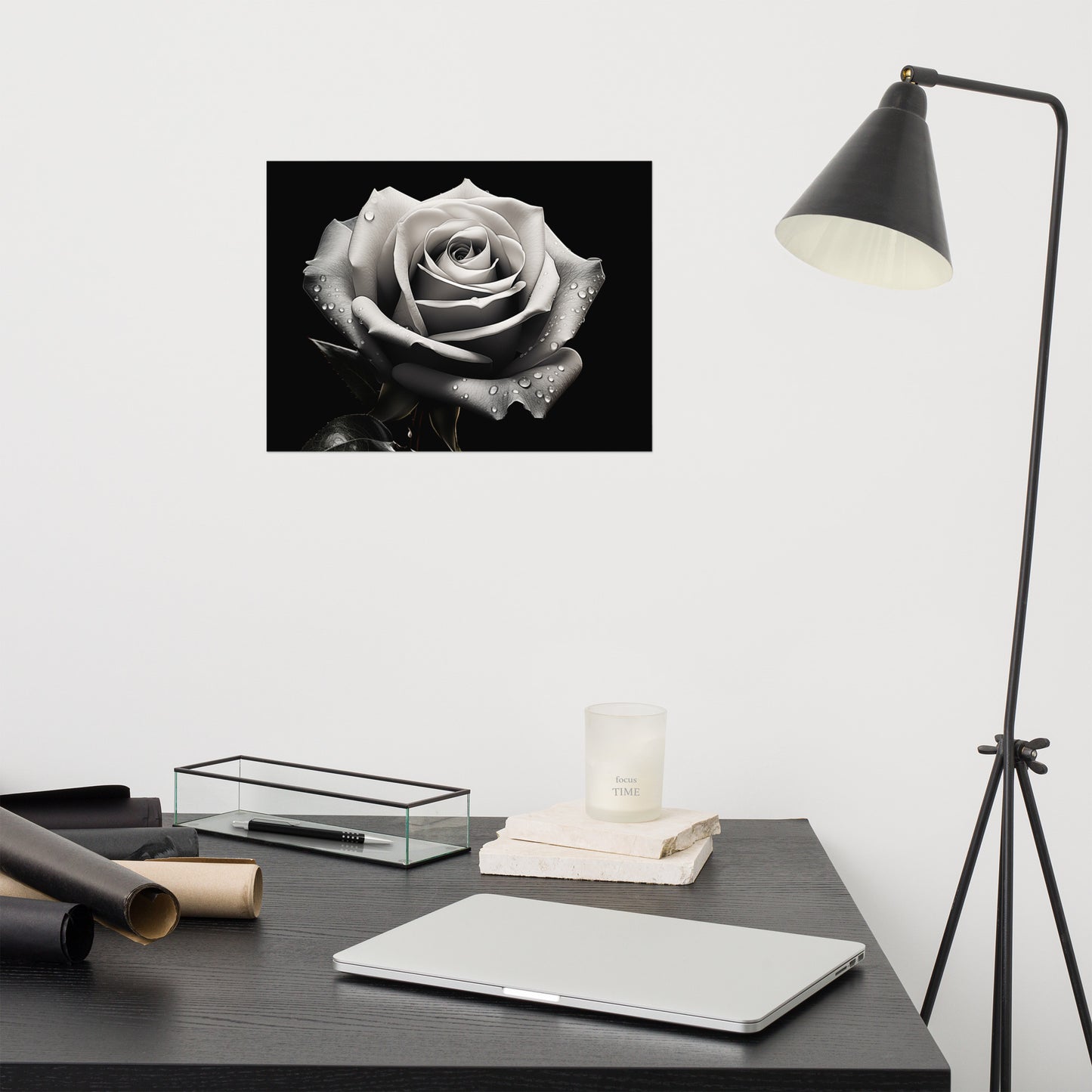 Silver Tears Black and White Rose Photorealism - Digital Artwork Loose Art Print