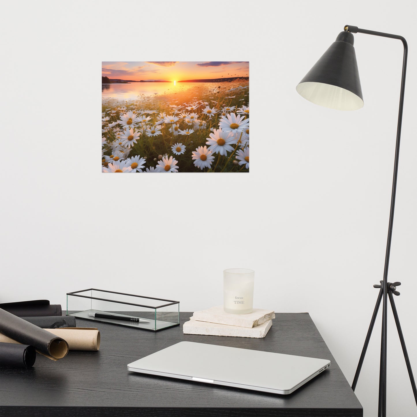 Sunset Serenade Daisy Field Photorealism - Digital Artwork Loose Art Print