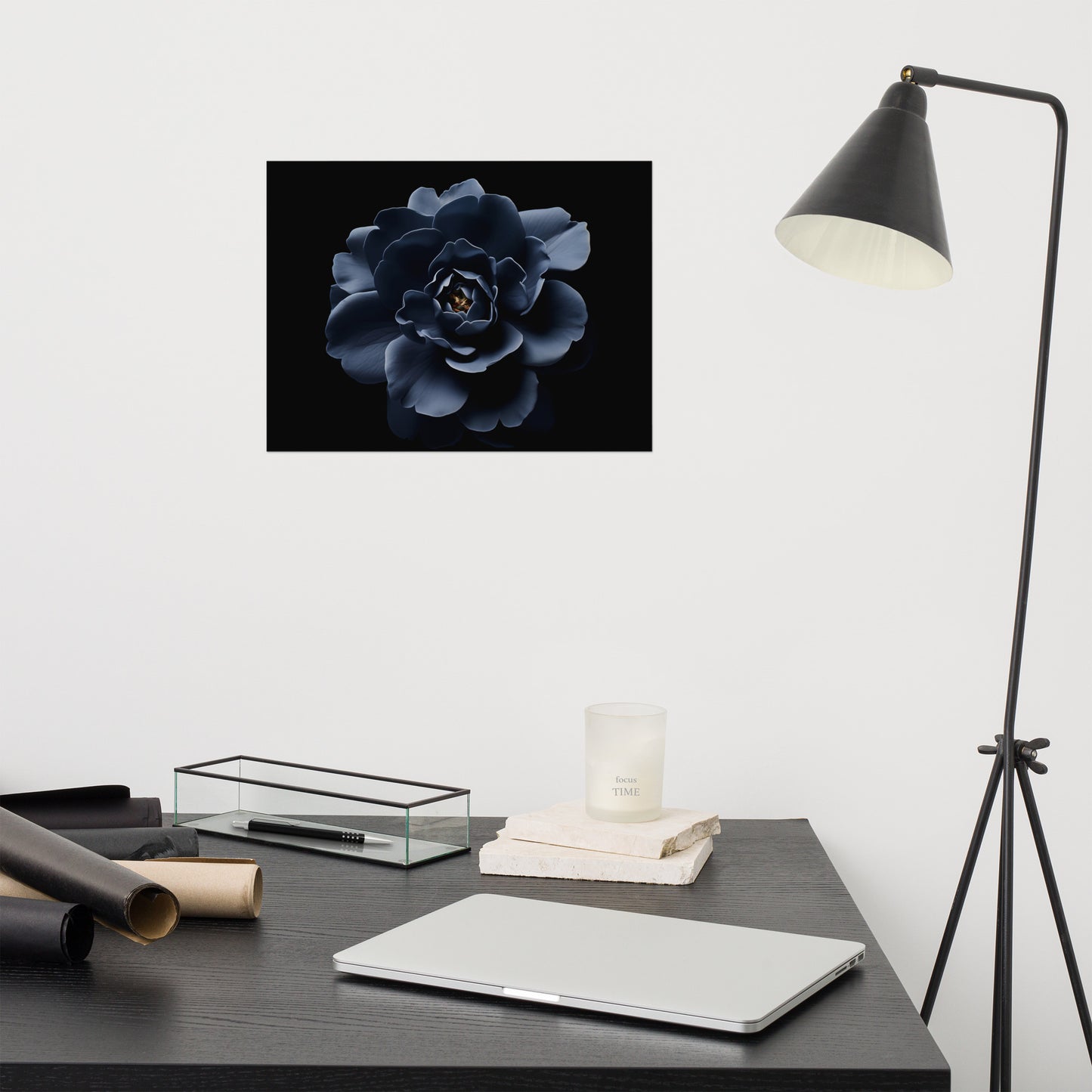 Starlit Blooms Dark Navy Blue Flower - Realism Painting Digital Artwork Loose Art Print