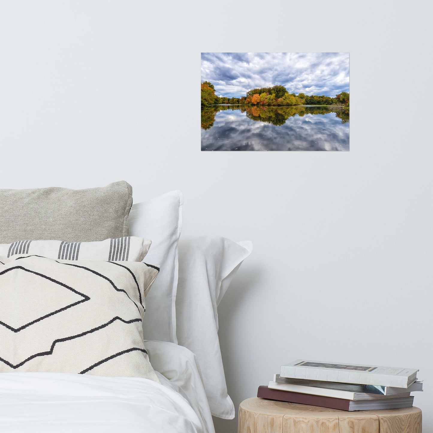 Simple Wall Decor For Bedroom: Fall Trees on Edge of Pond With Stormy Sky - Rustic / Rural / Country Style Landscape / Nature Loose / Unframed / Frameless / Frameable Photograph Wall Art Print - Artwork