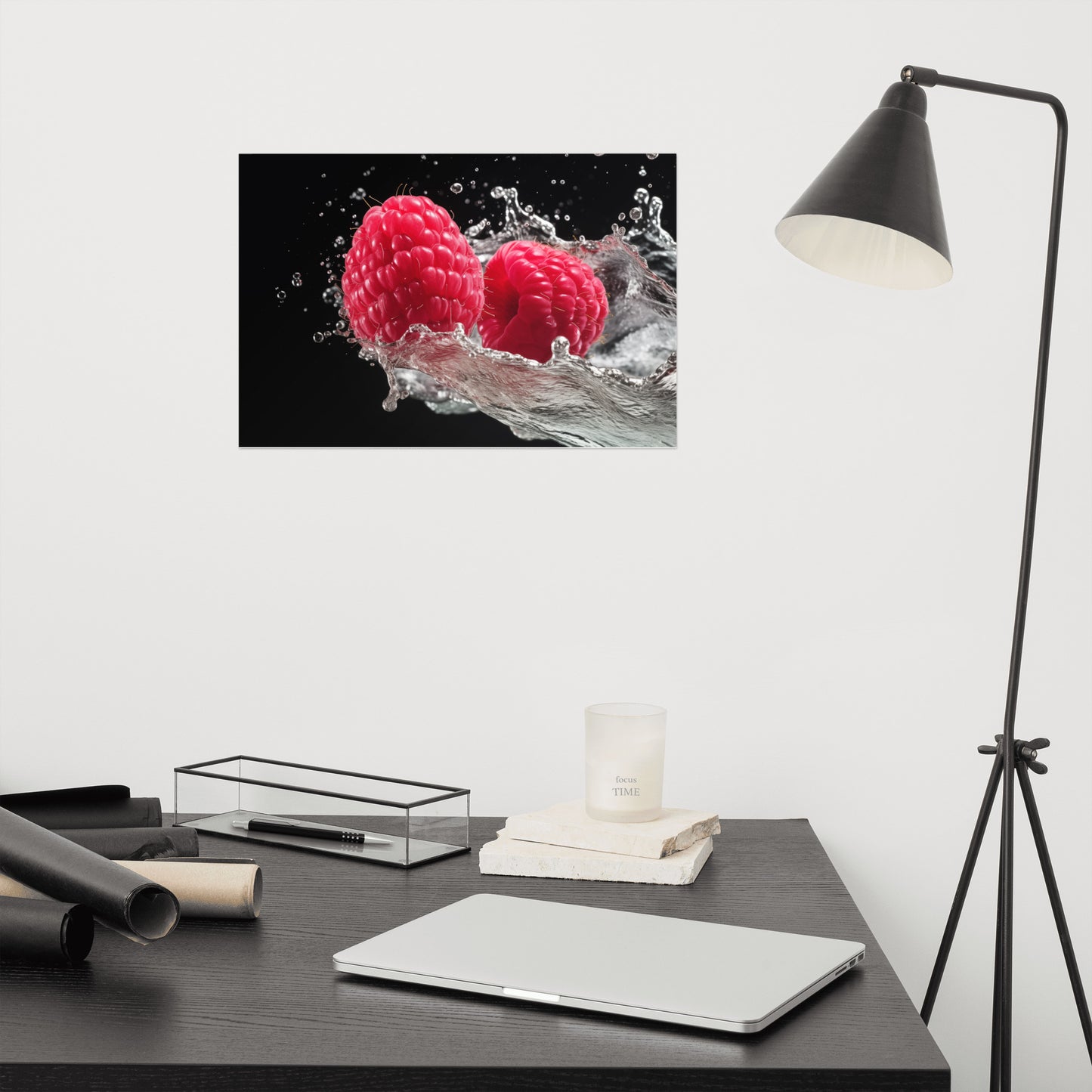 Burst of Freshness Raspberries in Water Photorealism Painting - Digital Artwork Loose Art Print