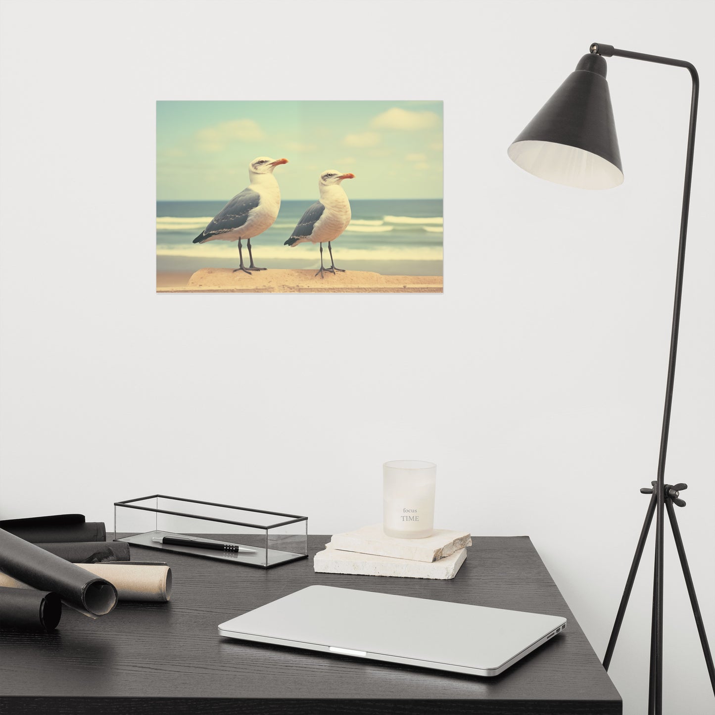 Bird Artwork Prints: Coastal Companions Vintage Retro Subdued Seagulls Photorealism - Digital Artwork Loose Art Print