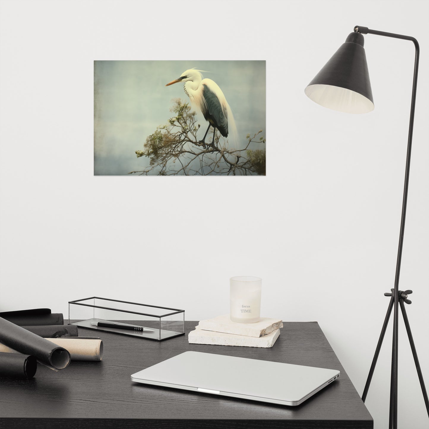 Heron Print: Coastal Solitude Egret Retro Subdued Photorealism - Digital Artwork Loose Art